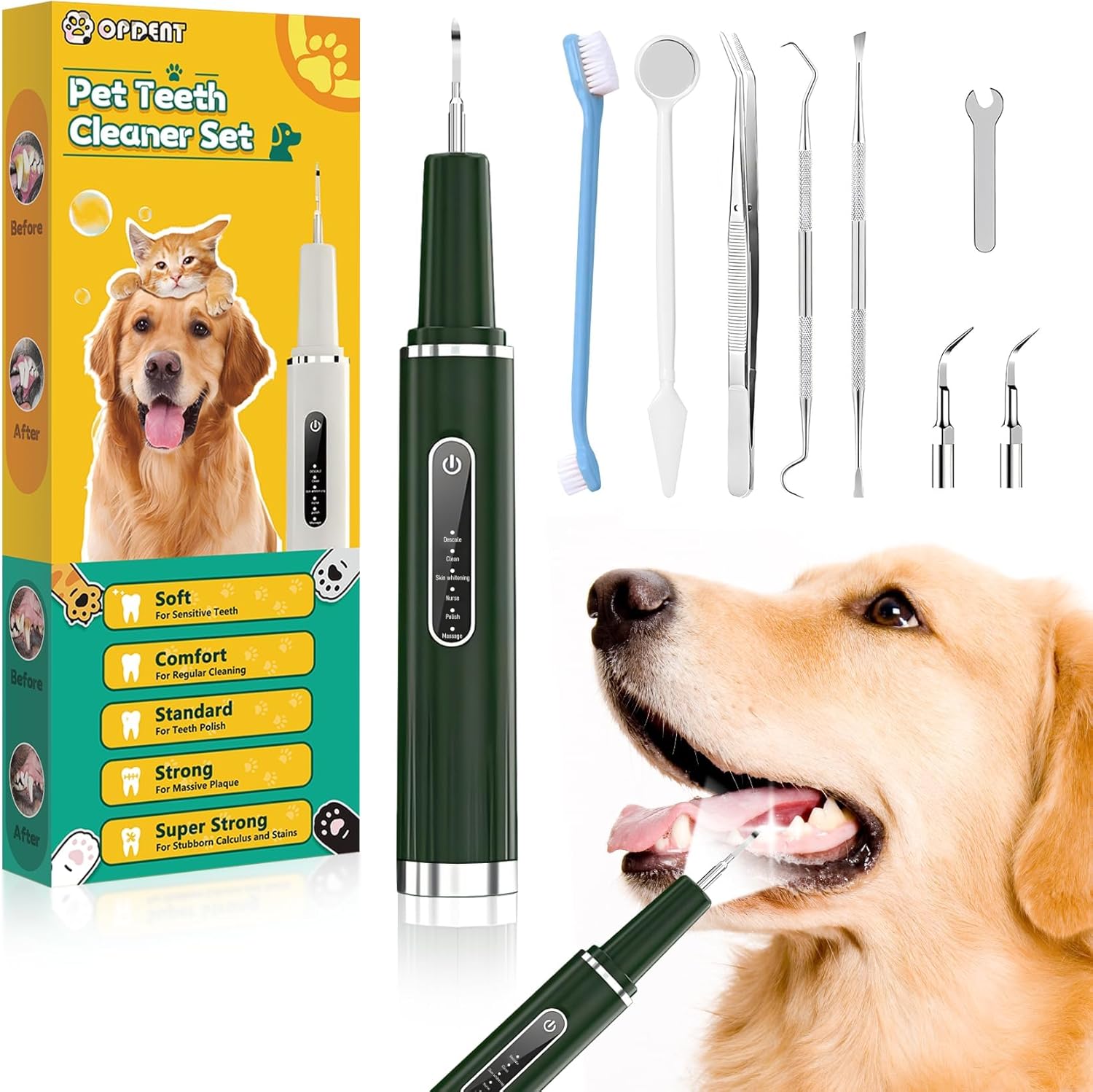 dog plaque remover for teeth - pet ultrasonic tooth cleaner, 6 adjustable modes dog teeth cldaning kit with led light, cats and dogs tartar remover for teeth (green, large)