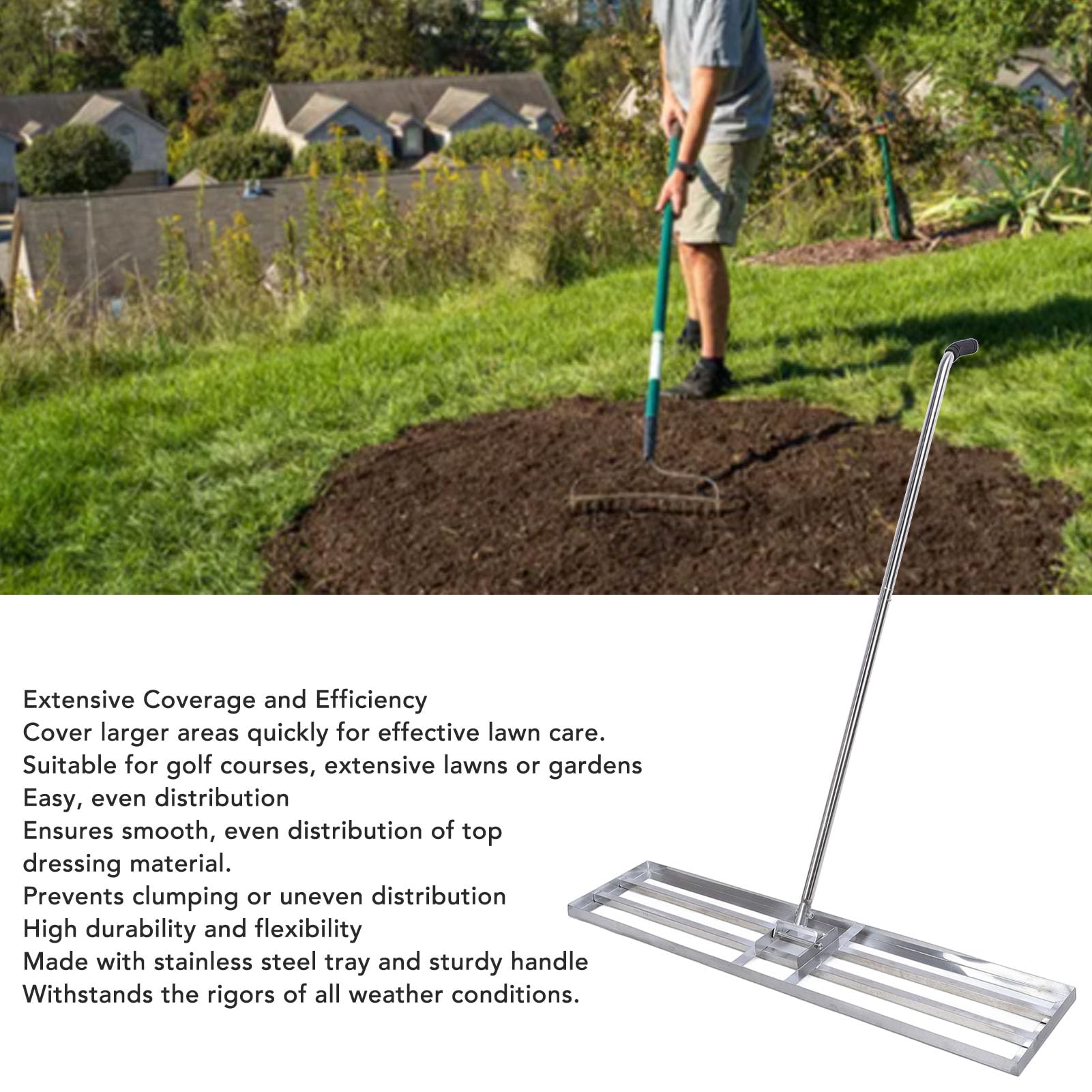 Rastrillo nivelador de césped de acero inoxidable, promueve el crecimiento del césped, permite cubrir un área más grande cada vez, herramienta de mantenimiento del césped para patio, jardín