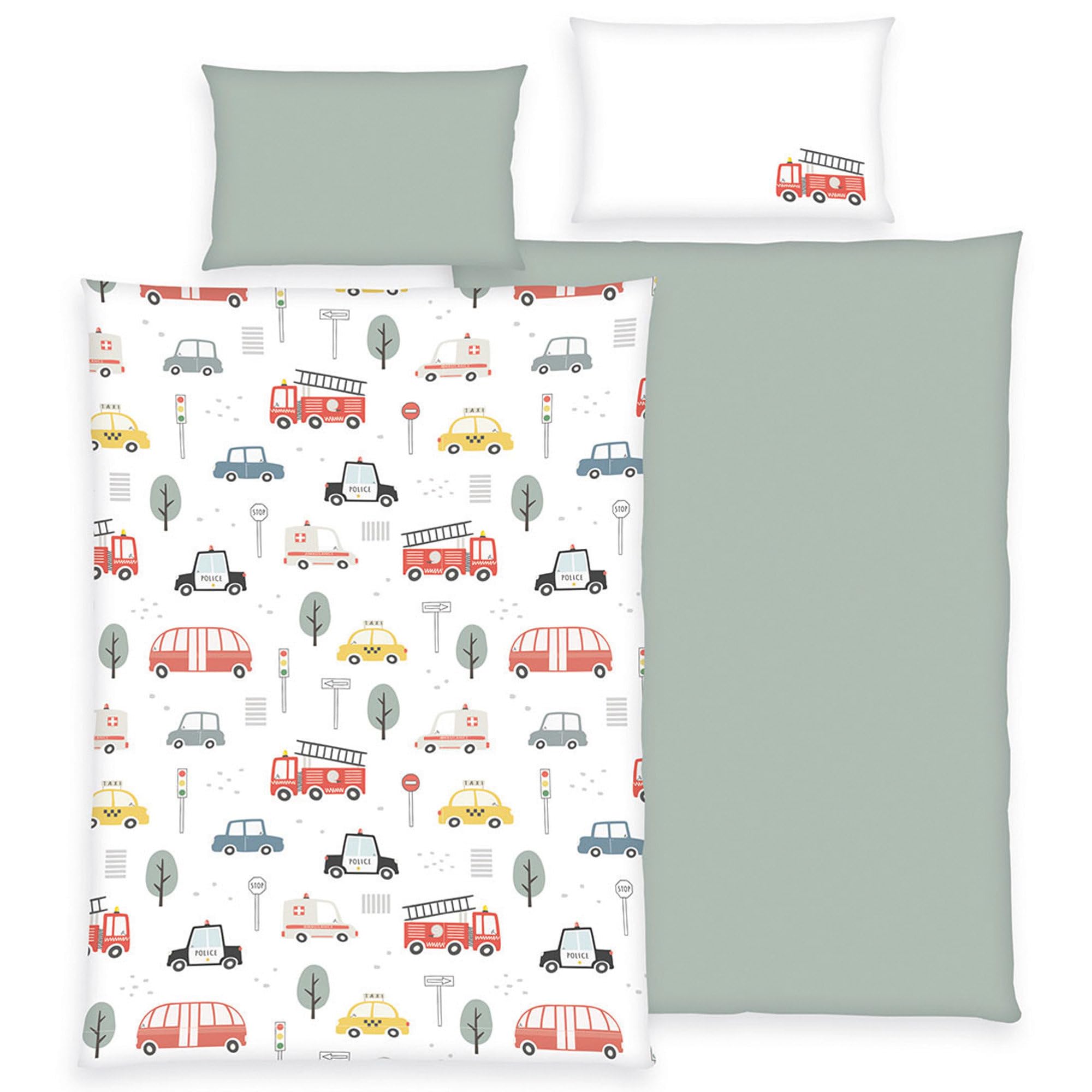 Herding Children's Reversible Bed Linen Vehicles Flannel Grey/Colourful Size 1x 100 x 135 cm + 1x 40 x 60 cm