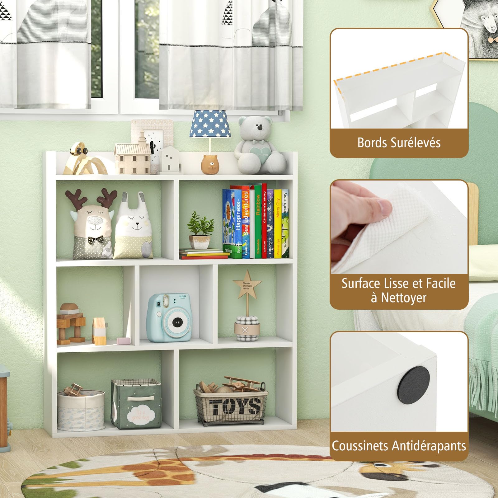 GOPLUS Librería de 7 Cubos Abiertos, Estantería de Madera de 3 Niveles con Kits Antivuelco, Mueble de Almacenamiento para Salón, Habitación Infantil, Estudio, Oficina, 80 x 20 x 90 cm (Blanco)