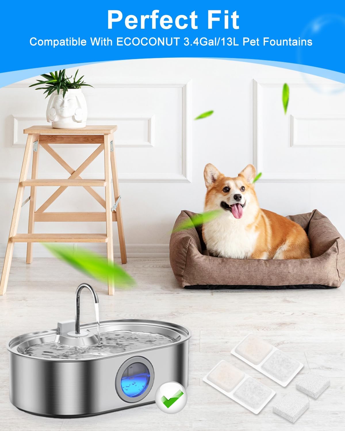 12+12 Pack Dog Water Bowl Filter Replacement for Large Dogs Compatible with ECOCONUT 3.4Gal/13L Pet Fountains, Carbon Filters and Sponge Filters for Dog Fountain Water Bowl, Pet Water Filter