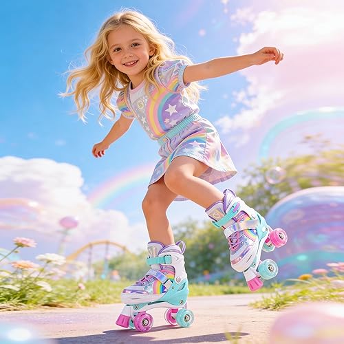Miniatura 4 de SULIFEEL Rainbow Unicorn - Patines ajustables de 4 tamaños para niñas y niños de 3-5, 5-8, 6-12 años, patines para interiores y exteriores Un arco