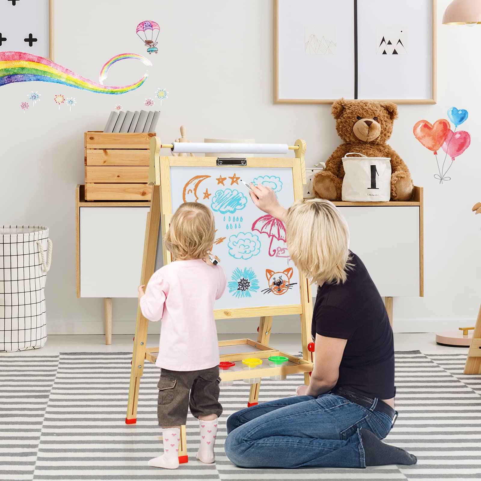 DREAMADE 3 in 1 doppelseitige Kinder Staffelei aus Holz, höhenverstellbare Kinderstaffelei Kindertafel mit Papierrolle Whiteboard und Kreidetafel, inkl. Alphabet Marker Kreide Radiergummi