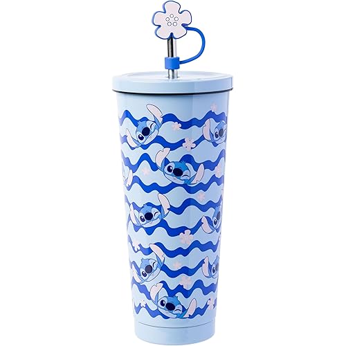 Silver Buffalo Lilo and Stitch Make Some Waves Stitch Face Flower Toss 24oz Stainless Steel Tumbler with Straw Cover Cap and Lid