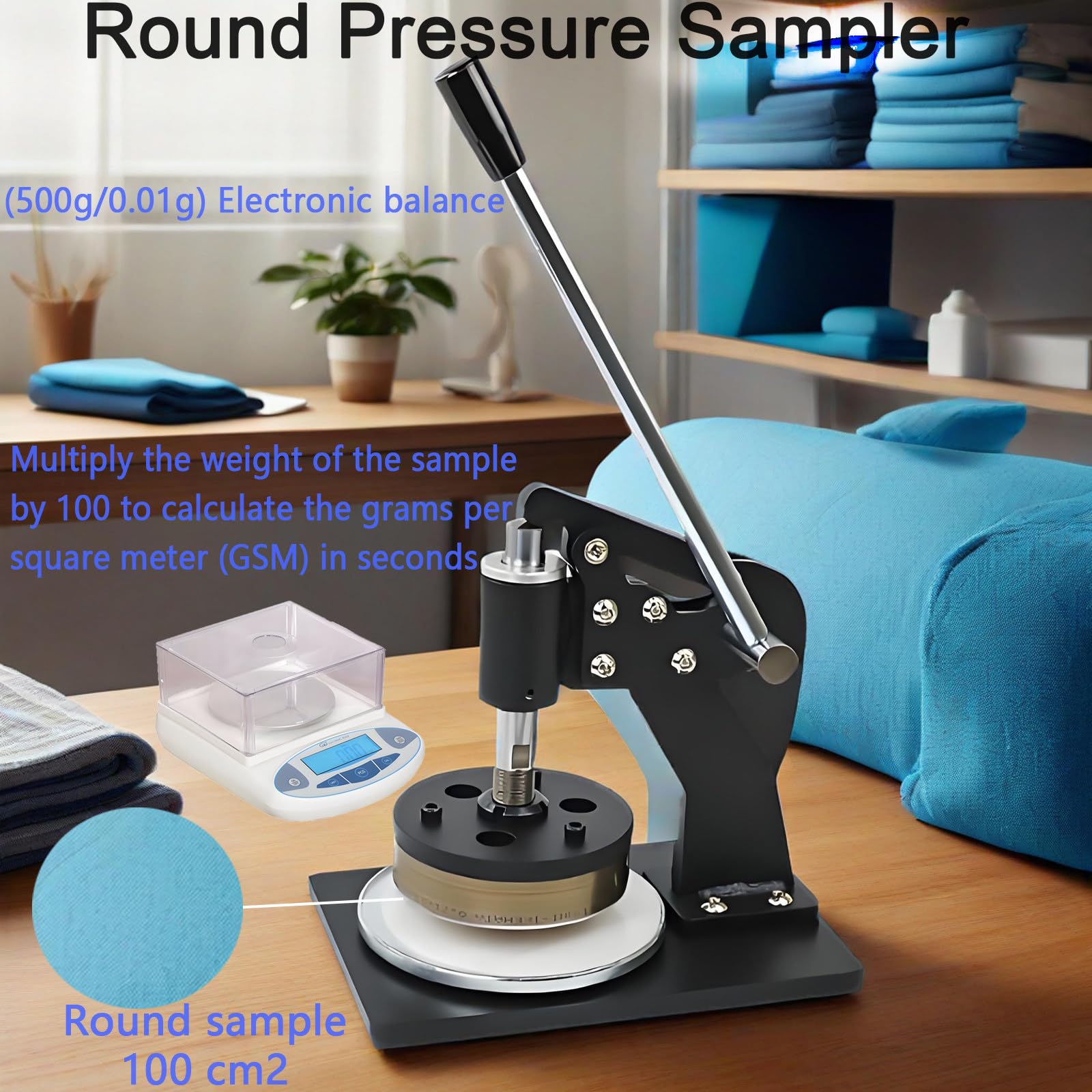 Couteau d'échantillonnage à pression manuelle, échantillonneur de disque textile avec balance électronique (500 g/0,01 g), coupe ronde pour test textile