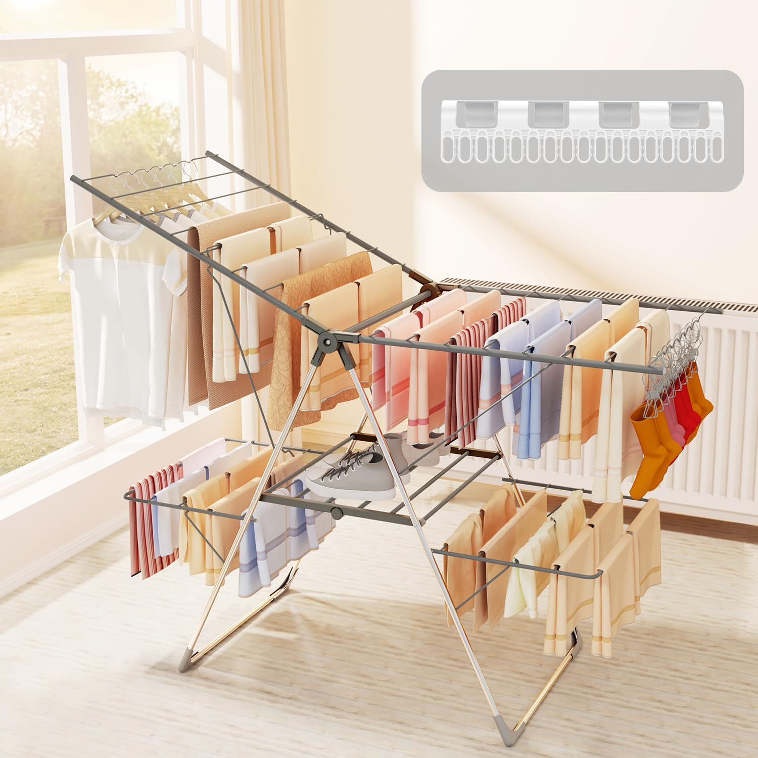 Innotic Stendino Verticale Salvaspazio, Stendibiancheria 2 Ali Resistente, Carico 35kg, 33 Barre, Stendipanni Richiudibile, Pieghevole, Portatile,143x88x58 cm per Balcone Esterno Interno