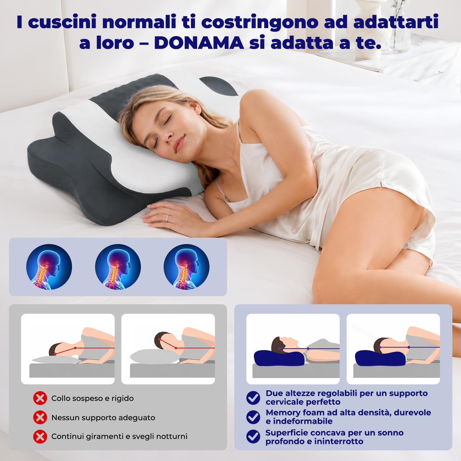 DONAMA Cuscino Cervicale Memory Foam Farfalla per Dormire, 2 Altezze | Comfort per collo e spalle, Cuscino Ergonomico per ogni posizione, misura 64x39x10/13 cm, ideale per tutta la famiglia