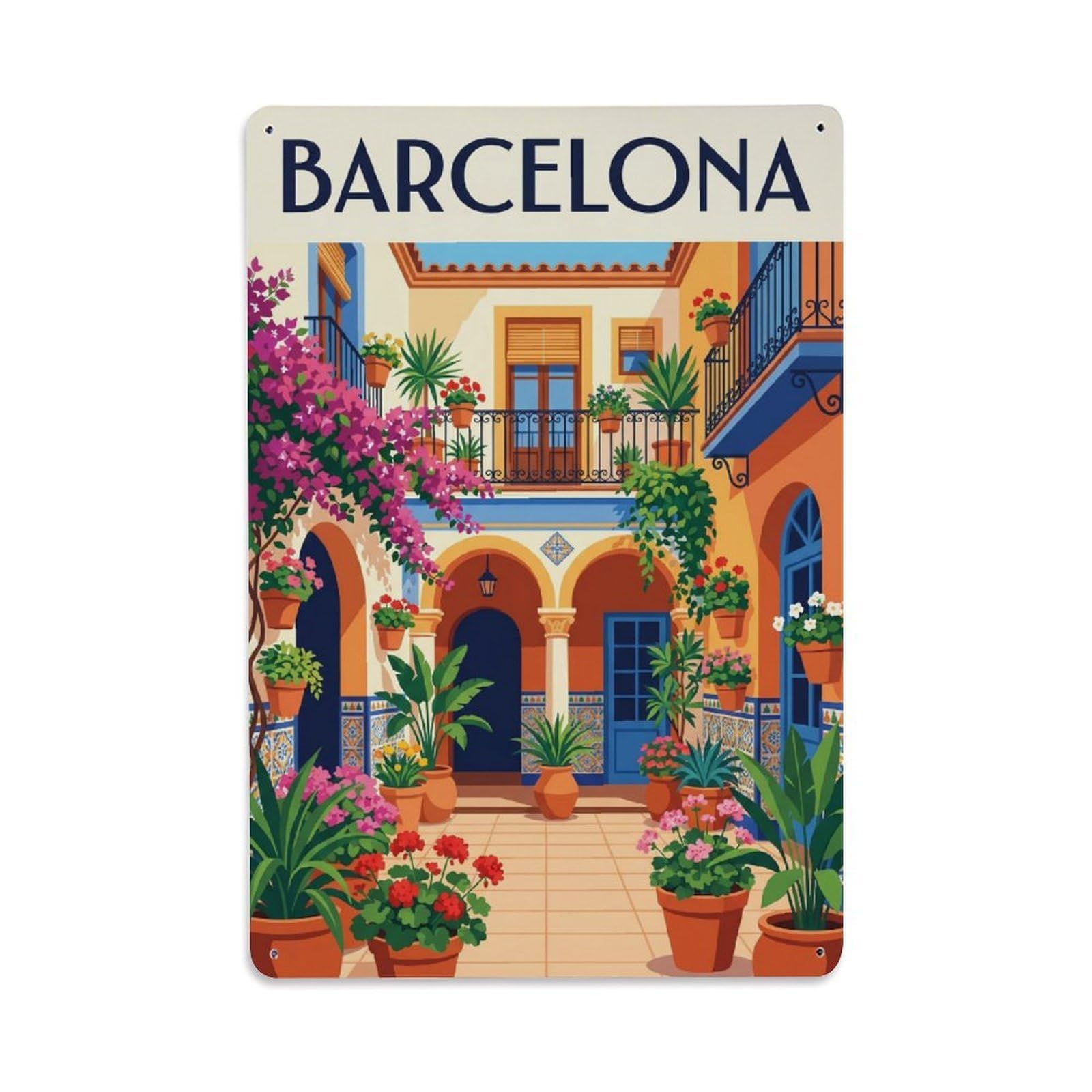 Vintage Travel Courtyard Spain Flowering Metal Tin Sign