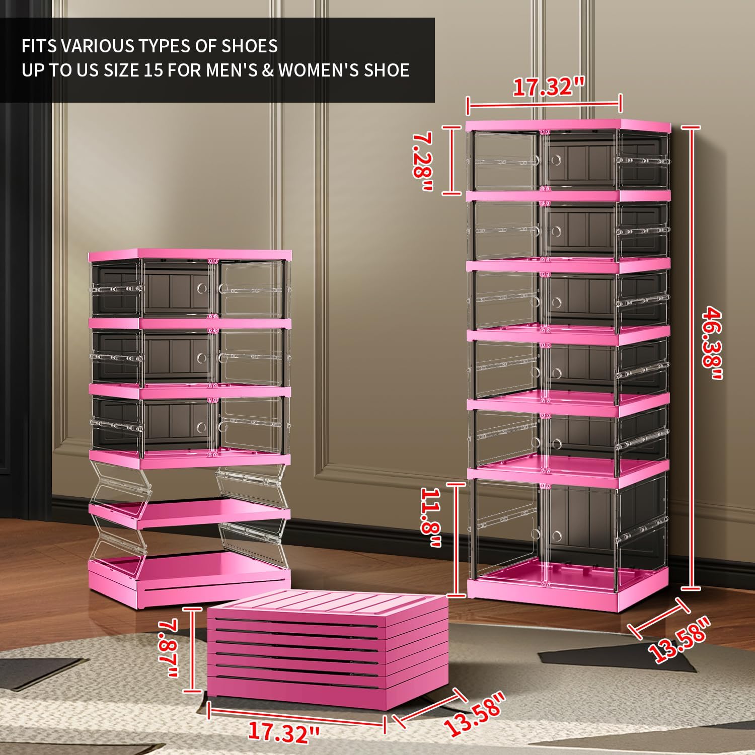 6-tier foldable shoe rack for closet entryway 6-12pairs, stackable clear shoe storage boxes organizer with door plastic small shoe cabinet bins with lids shoes shelf easy assembly?black-pink? 6 tiers 12 pairs black pink