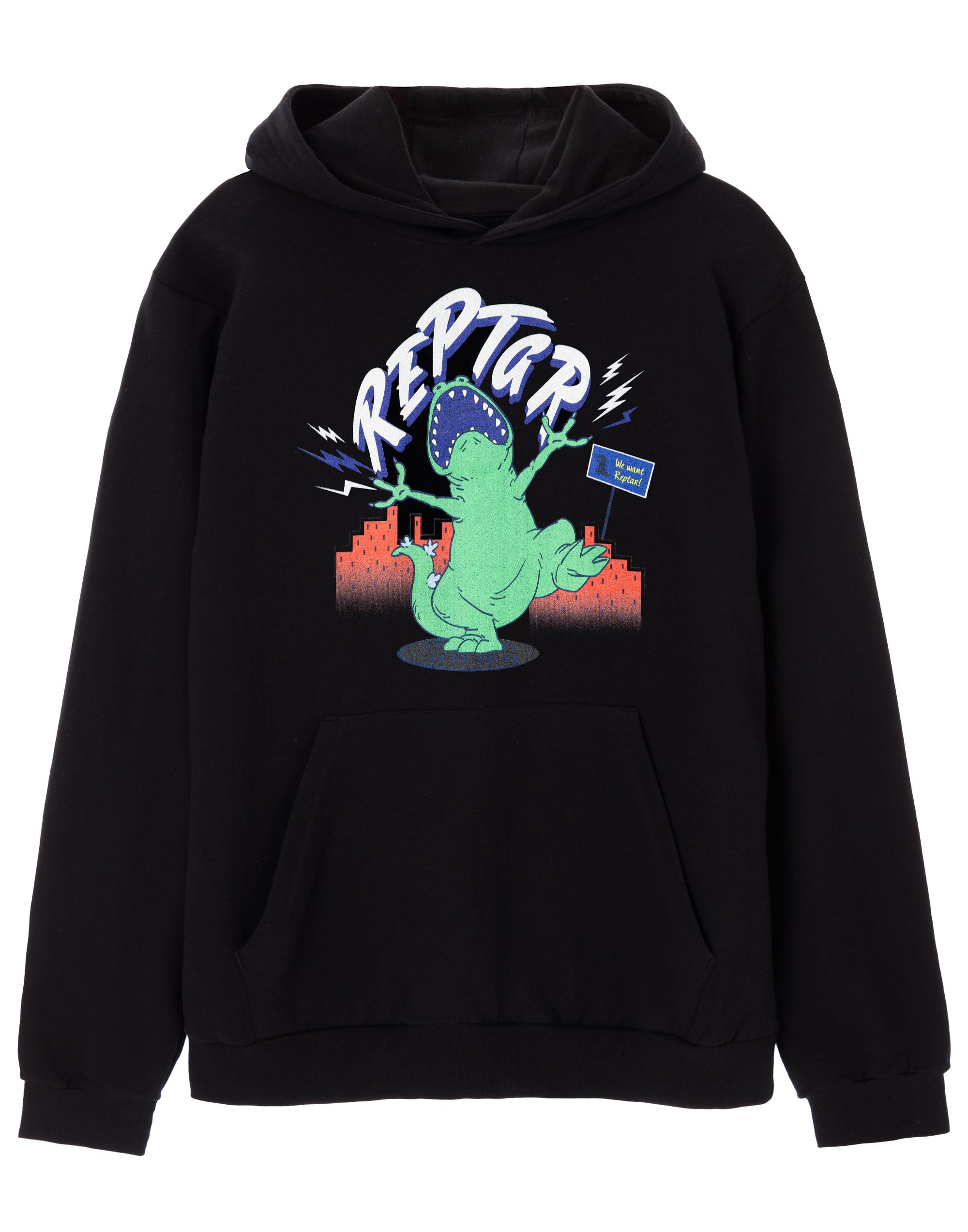 Rugrats Adults Hoodie | Reptar Roar Graphic Hooded Sweatshirt | Unisex Black Comfortable Pullover Hoody Sweater for Adults | Classic 90s Cartoon Nostalgic Merchandise Gift for Him and Her