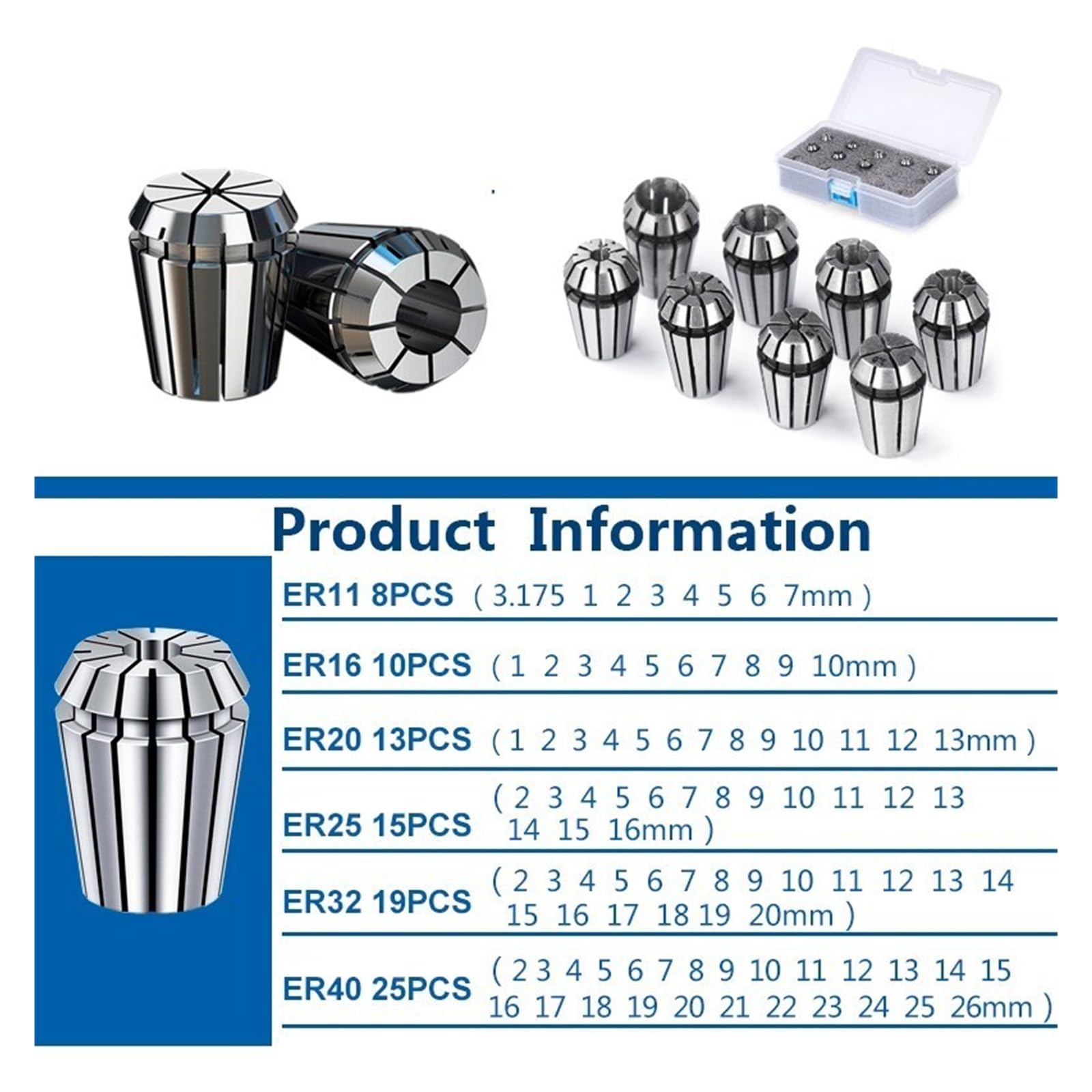 Zestaw zacisków sprężynowych poziomu AA ER11 ER16 ER20 ER25 ER32 ER40 Uchwyt sprężynowy do frezarki CNC Uchwyt narzędziowy tokarki(19PCS ER32)