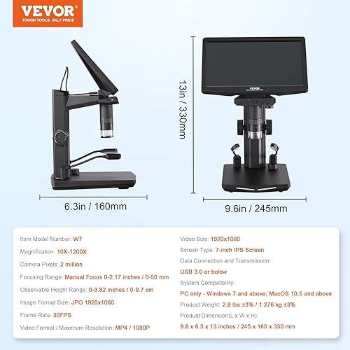 Miniatura 7 de VEVOR Microscopio digital HDMI LCD de 7 pulgadas para adultos, microscopio electrónico de soldadura 1200X con pantalla IPS, 8 luces LED, 2 luces