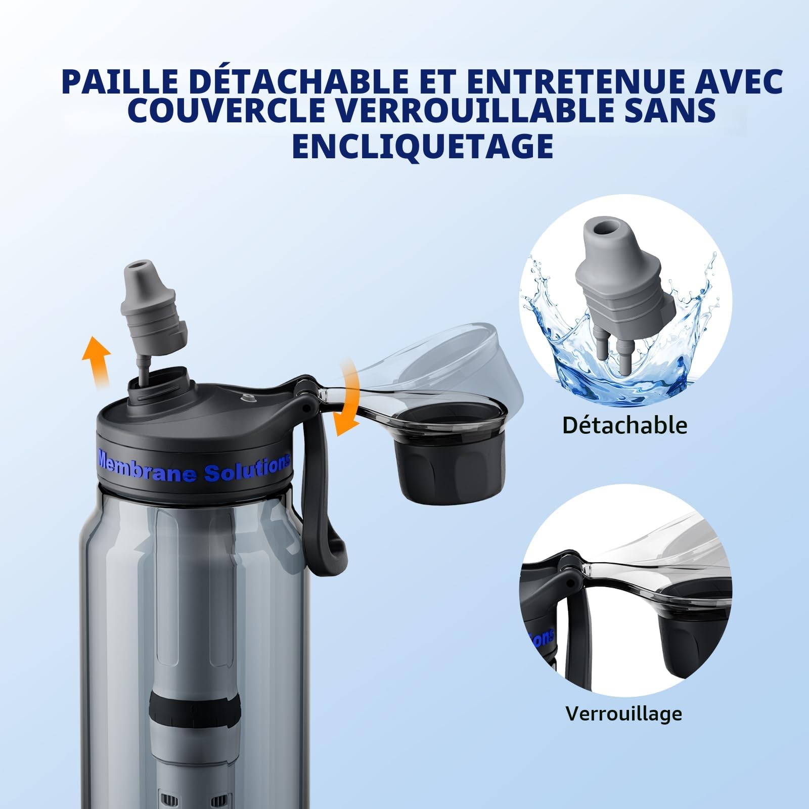Membrane Solutions Gourde filtrante eau survie 1L avec cartouche ACF UF 4000L 0,1μm sans BPA Gris
