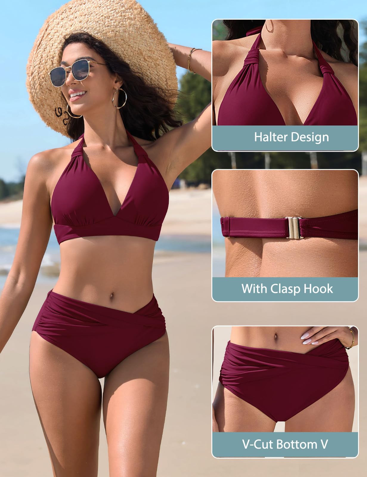Nadeer Maillots de Bain 2 Pièces Col V Bikini Set Push Up Ensembles Deux Pièces Sexy Midi Taille Haute Beachwear Élégant Vintage Halter Ties-up Swimsuit Ensemble de Bikini