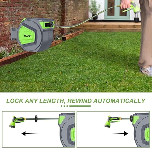 Miniatura 4 de Carrete de manguera de jardín retráctil, carrete de manguera de agua de 12 pulgada x 100 pies, montado en la pared, sistema de rebobinado lento