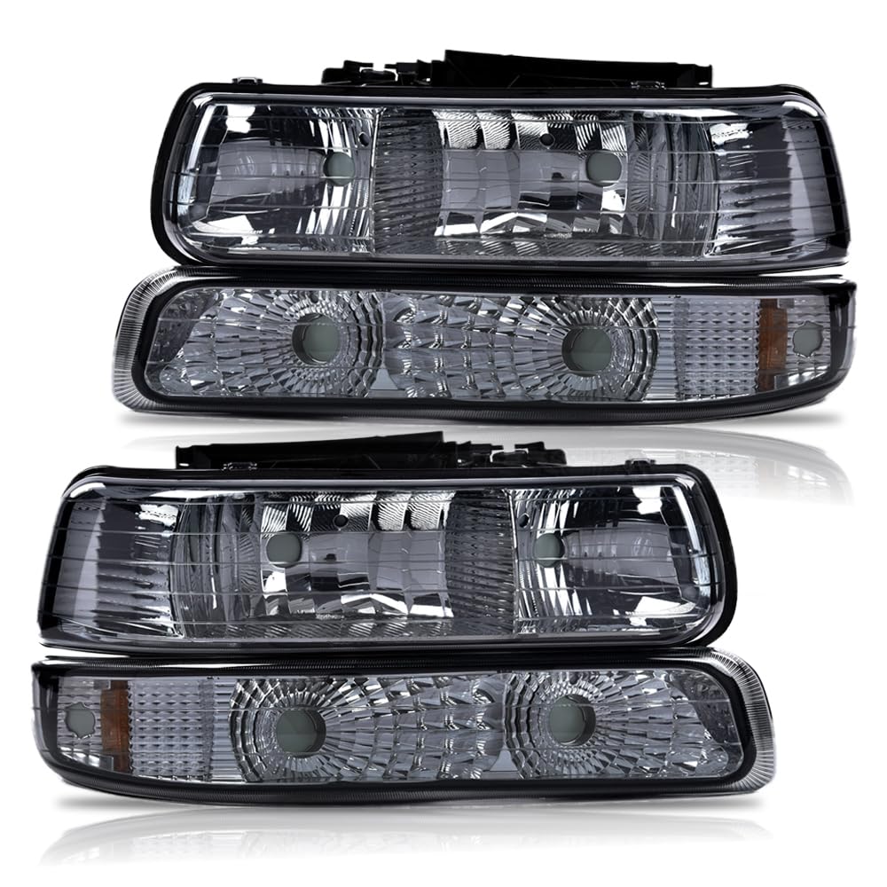 GRAND ORANGE Pair Headlight Assembly Compatible with Chevy Silverado 1999-2002 / Fit Suburban Tahoe 2000-2006 Smoky Lens Chrome Housing Amber Reflector