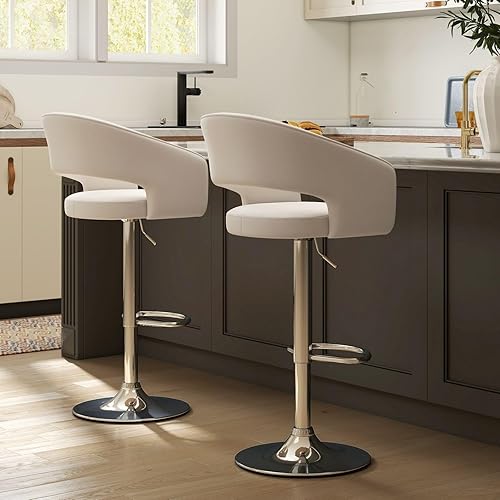 Miniatura 3 de Juego de 2 modernas sillas de bar de cocina con base plateada, taburetes de bar giratorios ajustables con respaldo y reposapiés, taburetes de