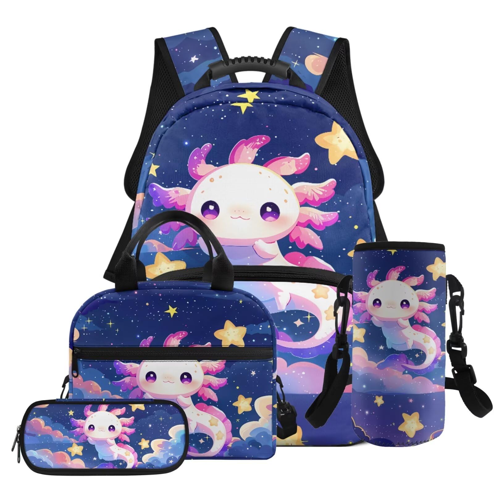 Gomyblomy Galaxy Axolotl Backpack for Girls 6-8 8-10 Kids School Bag with Lunch Bag Pencil Case Water Bottle Sleeve 4 in1 Set for Elementary