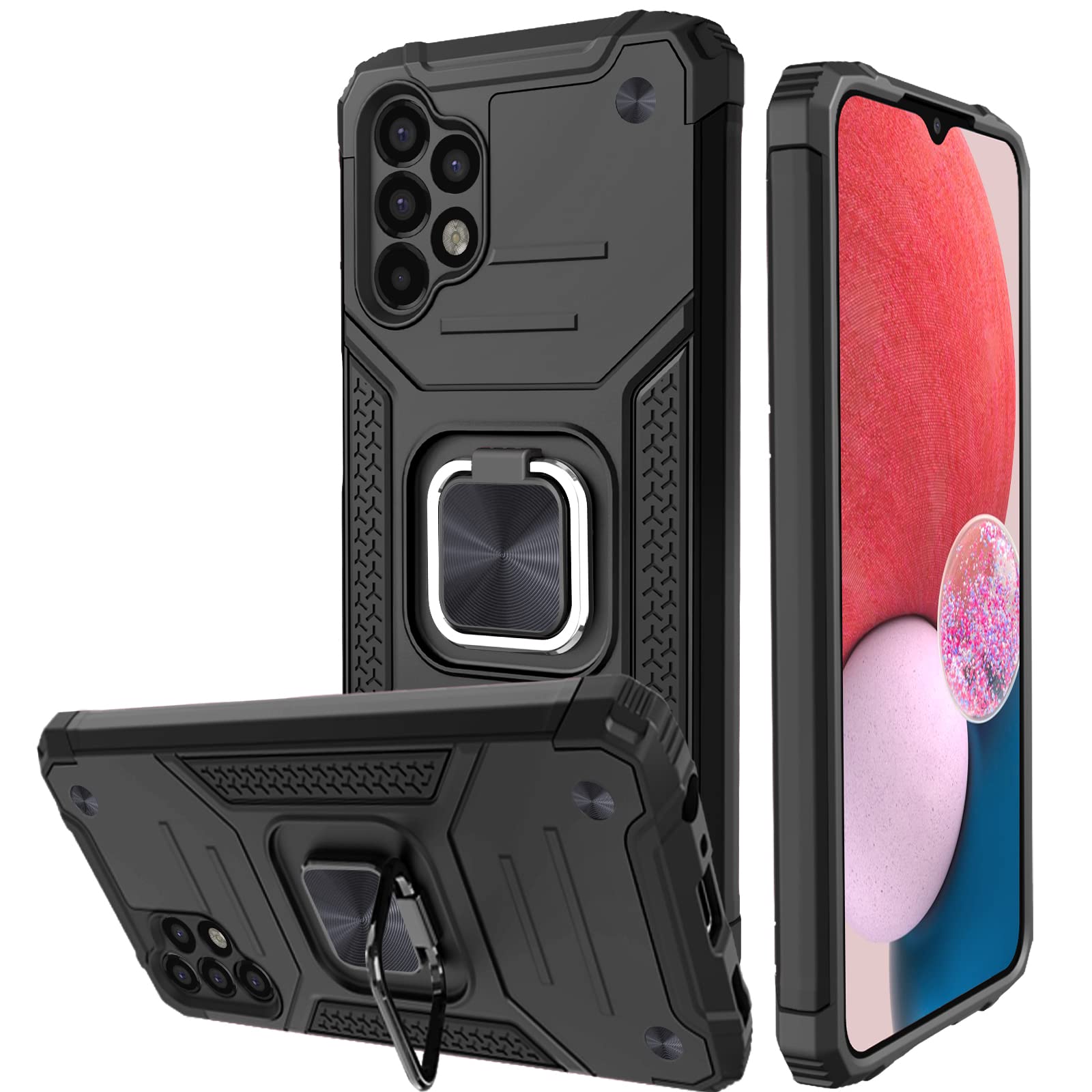 Honeyview ShockProof Case for Samsung Galaxy A13 4G with Screen Protector and Ring Kickstand, Compatible with Magnetic Car Mount Holder, Bumper Armour Phone Cover for Samsung Galaxy A13 4G - Black
