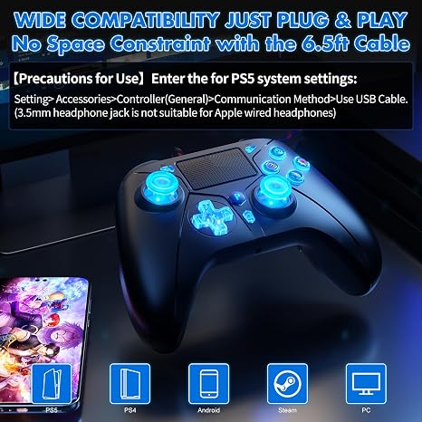 Compatible with PS5 Controller, Wired Controller for PlayStation 5/PS4/PC, Gaming Controllers, Gamepad with Dual Vibration 6-axis Gyroscope Support Turbo Macro Multi Touch Pad 3.5mm Audio Jack