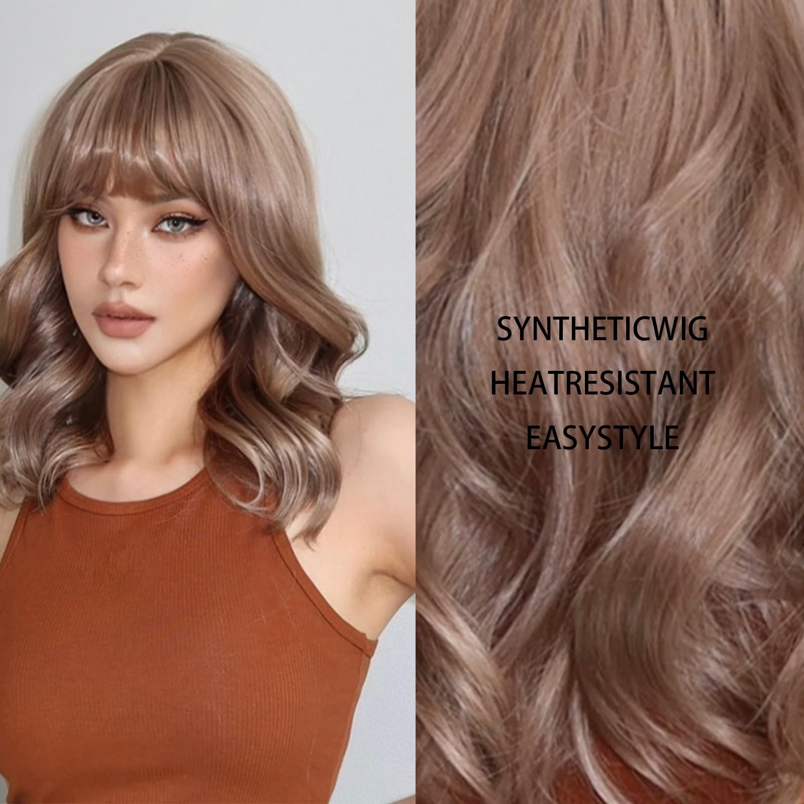 Peruki z koronką falową Popielaty blond peruka syntetyczna z naturalnymi falami dla kobiet Codzienny Długość ramion Blond peruki z grzywką Włókno wysokotemperaturowe Peruki z naturalnych włosów syntet