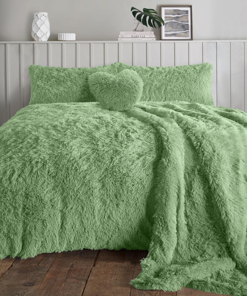 HOMES-LINEN Teddy Bear Fleece Long Fur Cuddles Alaska Luxury Duvet Cover Set Warm Cosy Soft Teddy Bedding Set (Sage Green, Single)
