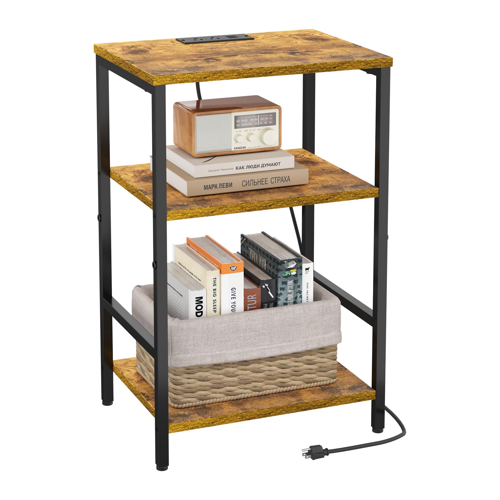 X-cosrack Side Table with Charging Station, End Table with USB Ports and Outlets, Nightstand with Storage Shelves for Small Space, Sofa Couch Table