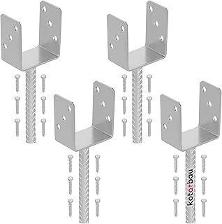 KOTARBAU® 4er Set U Pfostenträger zum Einbetonieren - 91 mm - mit Riffeldolle - Pfostenanker für Zaunpfosten & Holzbalken - Pfostenschuh mit Betonanker - Balkenschuh - verzinkter Stahl - Silber