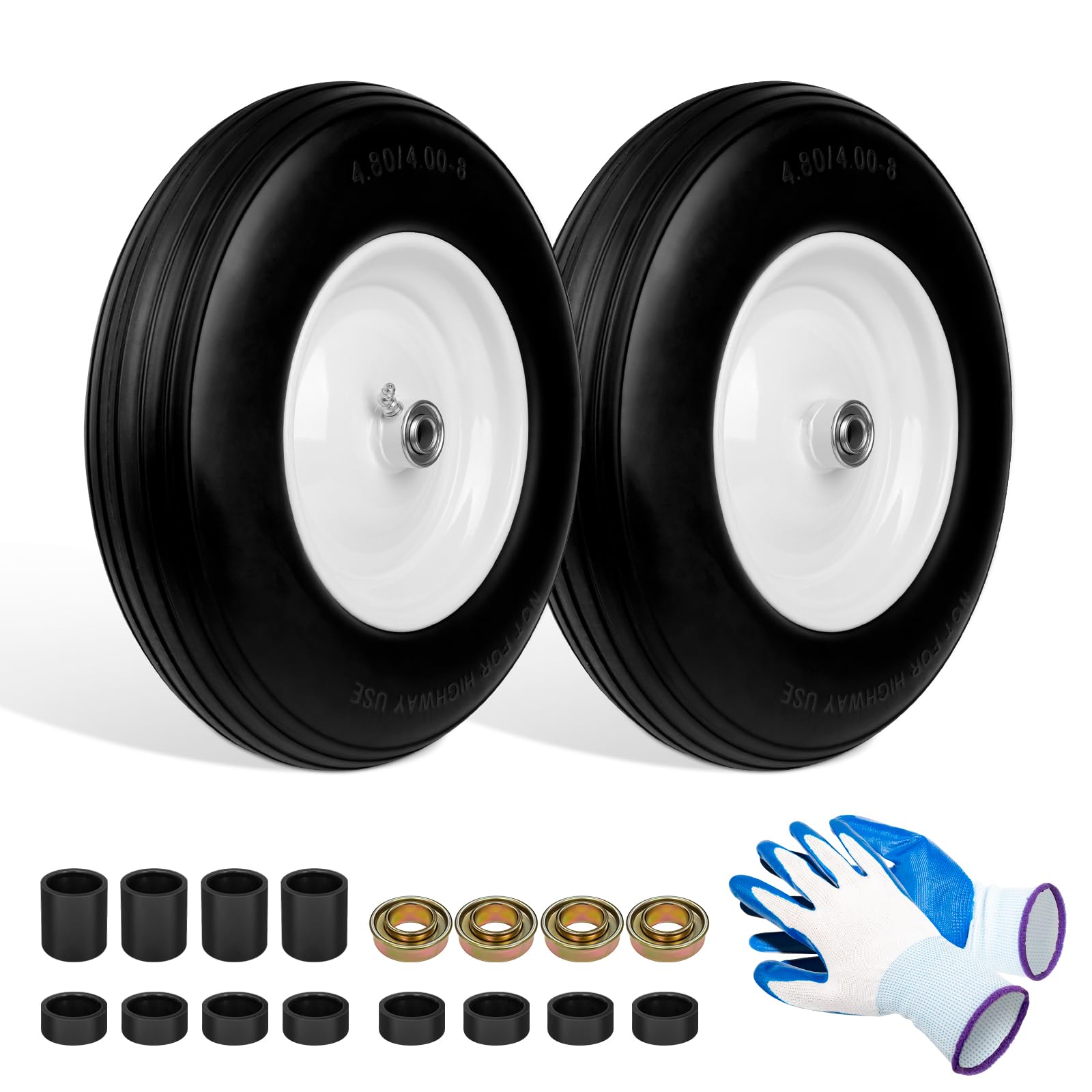 4.80/4.00-8 Flat Free Tire, 14.5" Wheelbarrow Tires with 3" - 7" Centered Hub, 3/4" or 5/8" Bushing, Universal Replacement Wheels Fits for 3.50/2.50-8, 4.00-6, 4.00-8, 2 Pack, Outdoor Use