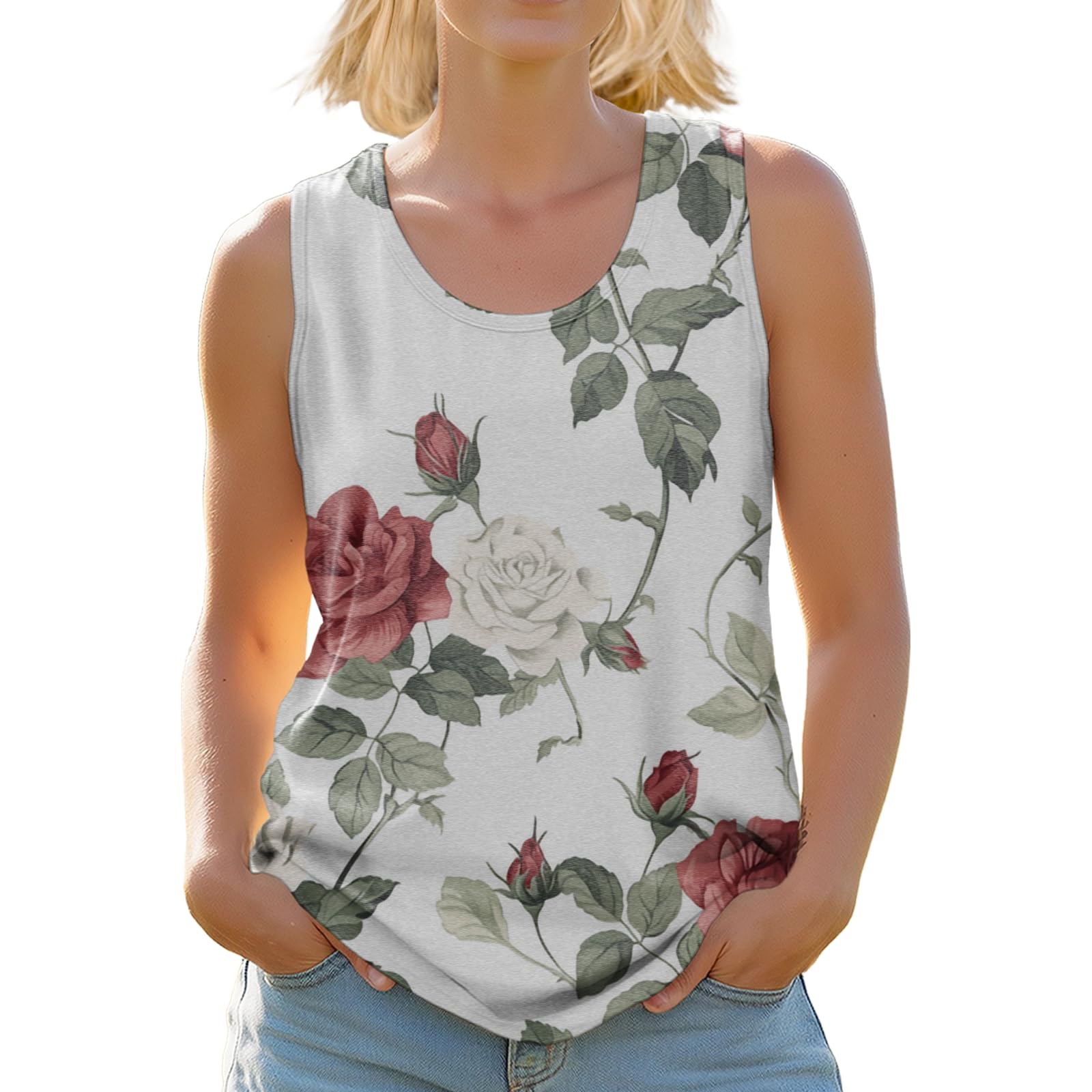 Womens Floral Print Tank Top Summer Sleeveless Blouse Round Neck Casual Loose Fit Vest