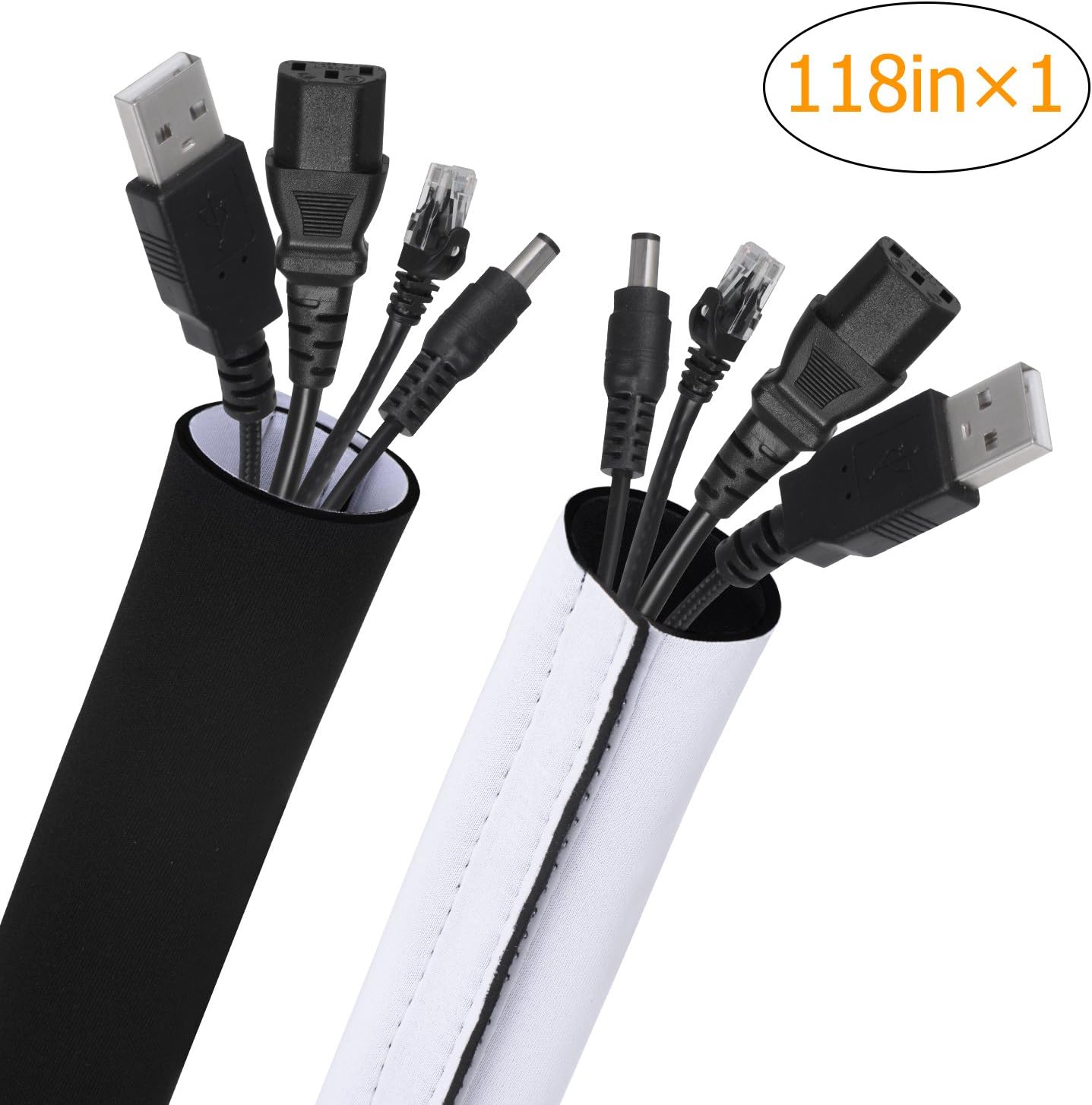 Cable Management Sleeves, 118'' Cord Management System, Neoprene Flexible Adjustable Cord Cover Sleeve for TV, Computer, Home Theater, Home Entertainment(Black & White)
