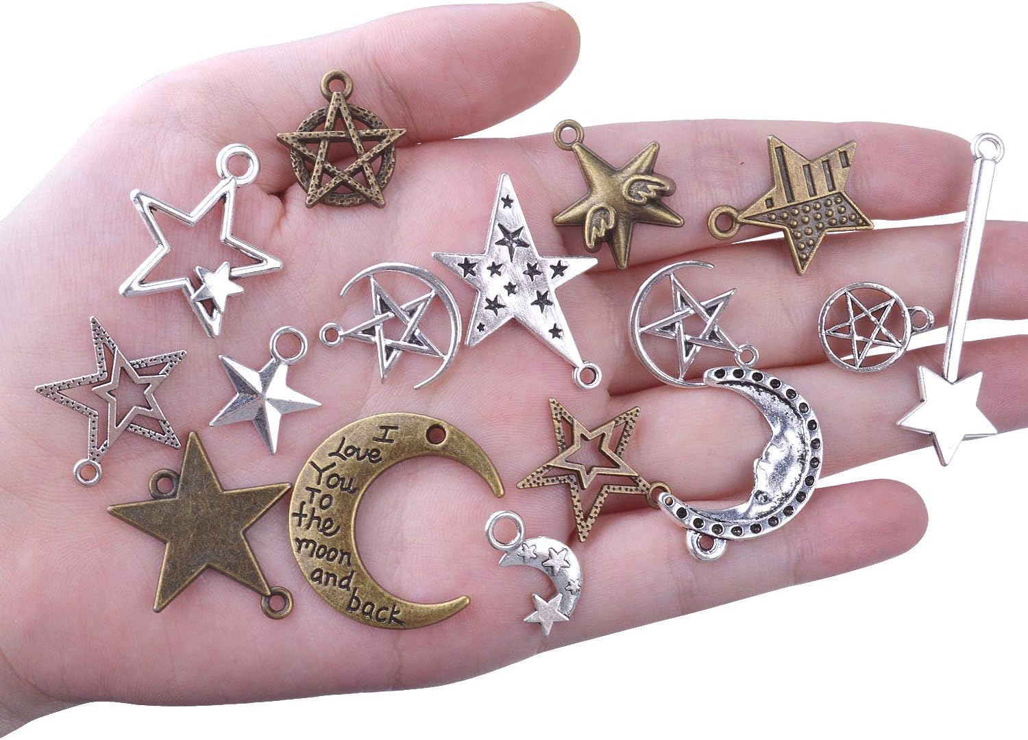 BronaGrand 100 Gram(Approx 73 Pieces) Mixed Sun Moon Star Charms Antique Celestial Charms Pendants for Bracelets, Necklaces, Crafts and Jewelry Making, Assorted Colors