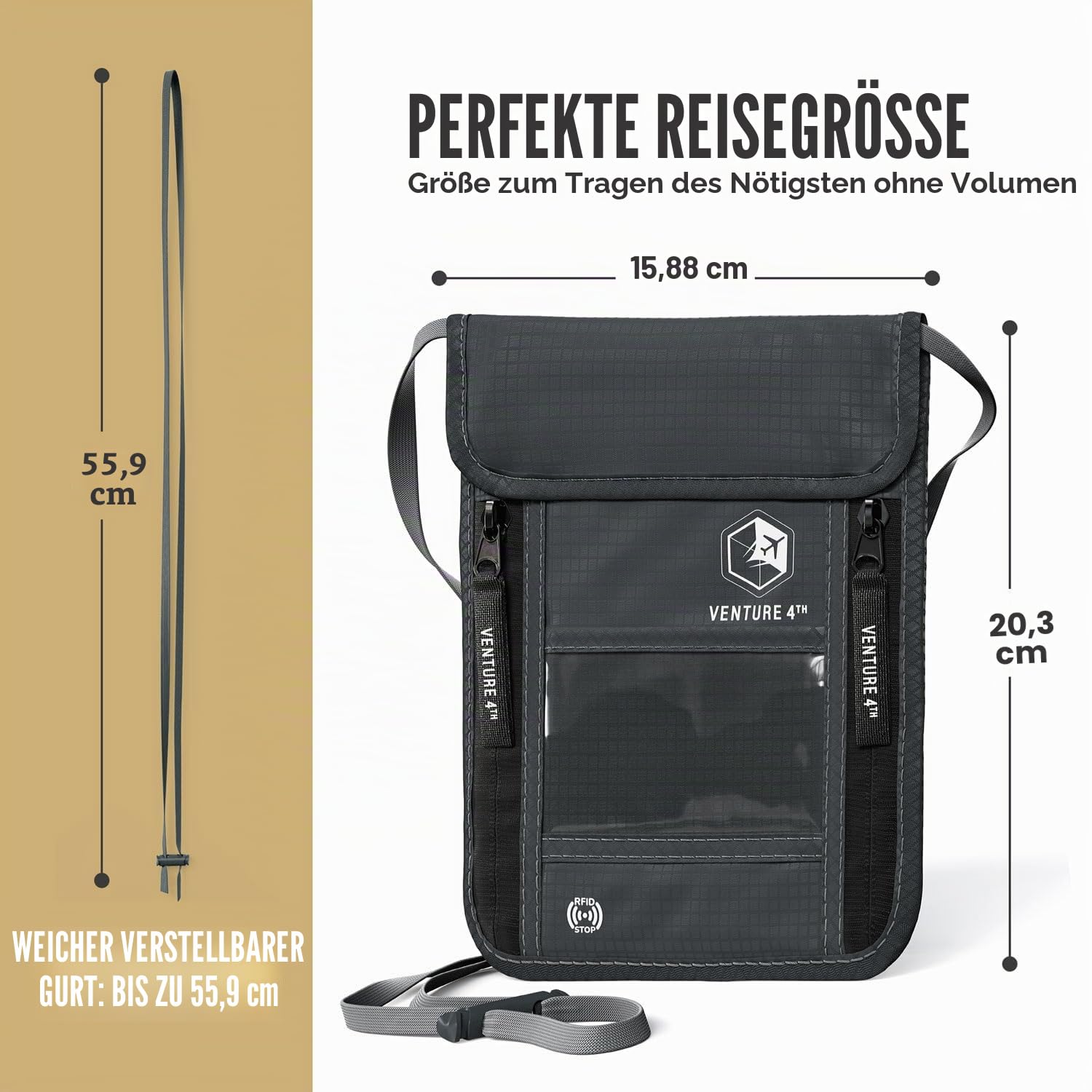VENTURE 4TH Umhängeband, RFID-blockierend, Reisepasshülle für Reisen, versteckter Brustbeutel mit 6 Fächern, schlanker, Leichter Organizer mit verstellbarem Gurt, strapazierfähiges Nylon für Bargeld