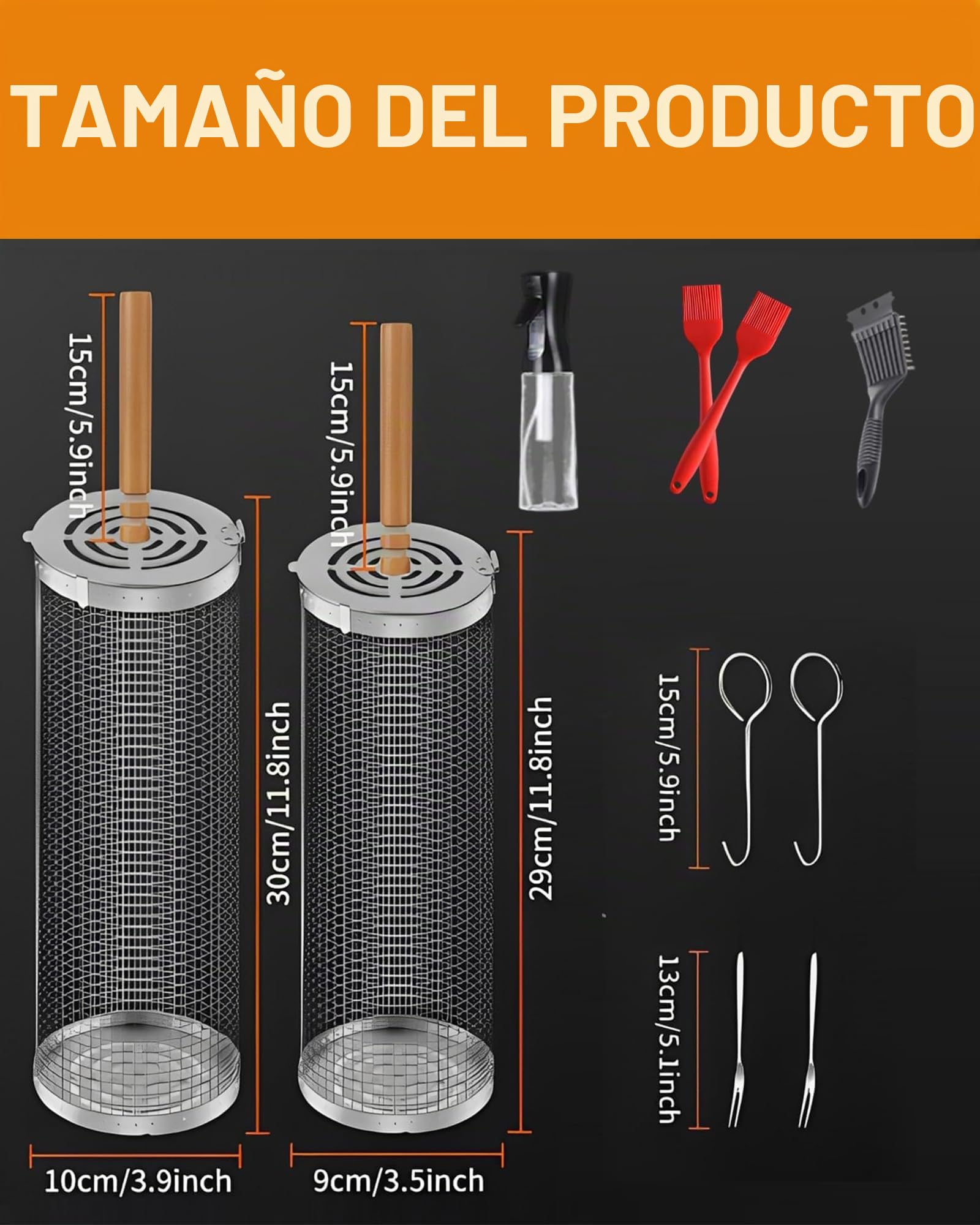 Conjunto de 2 Cestas para Parrilla Rodante con Mango de Madera (30×10 cm + 29×9 cm) Cestas para Barbacoa de acero inoxidable para Parrilla al aire libre cocinar carne y verduras