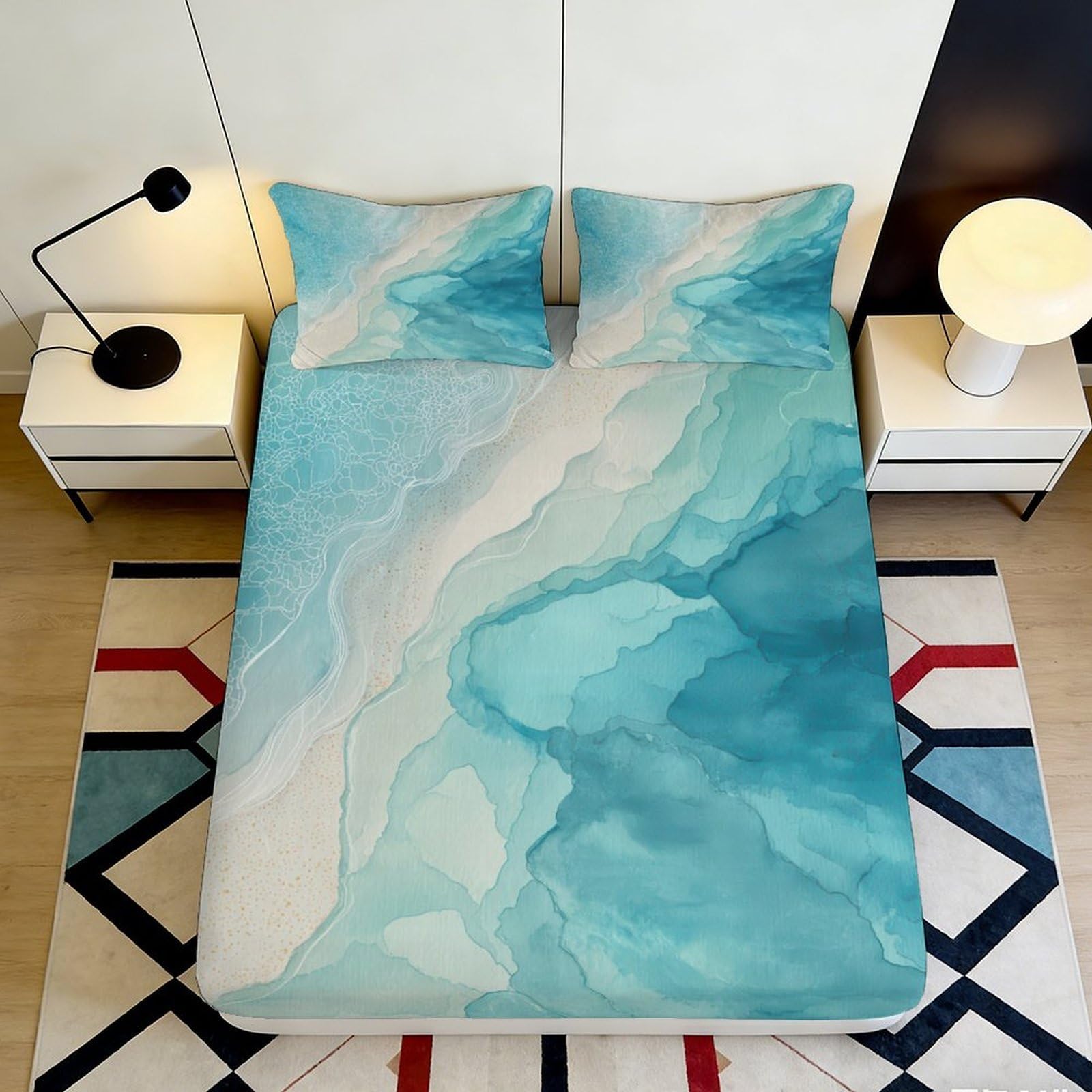 Uxinyoume Style-10 3D Printed Ocean Marble Fitted Sheet Microfiber Soft Breathable Blue Watercolor Bed Sheet For Bedroom Guest Room Mattress Protection Decor 90X200x25cm