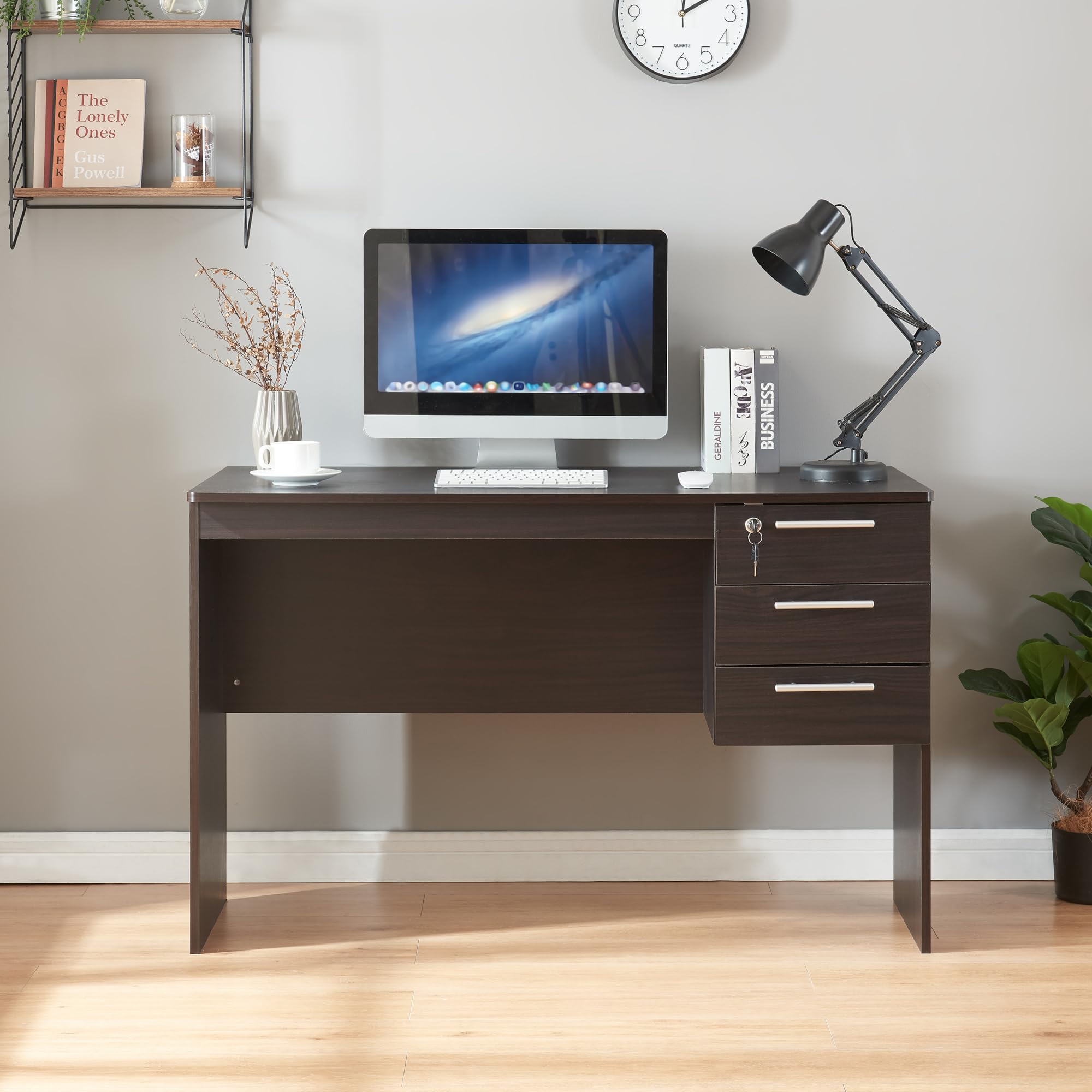 [en.casa] Scrivania con 3 Cassetti con Serratura Tavolo da Computer PC Postazione di Lavoro Tavolo da Studio 120 x 59 x 75 cm - Effetto Legno Scuro