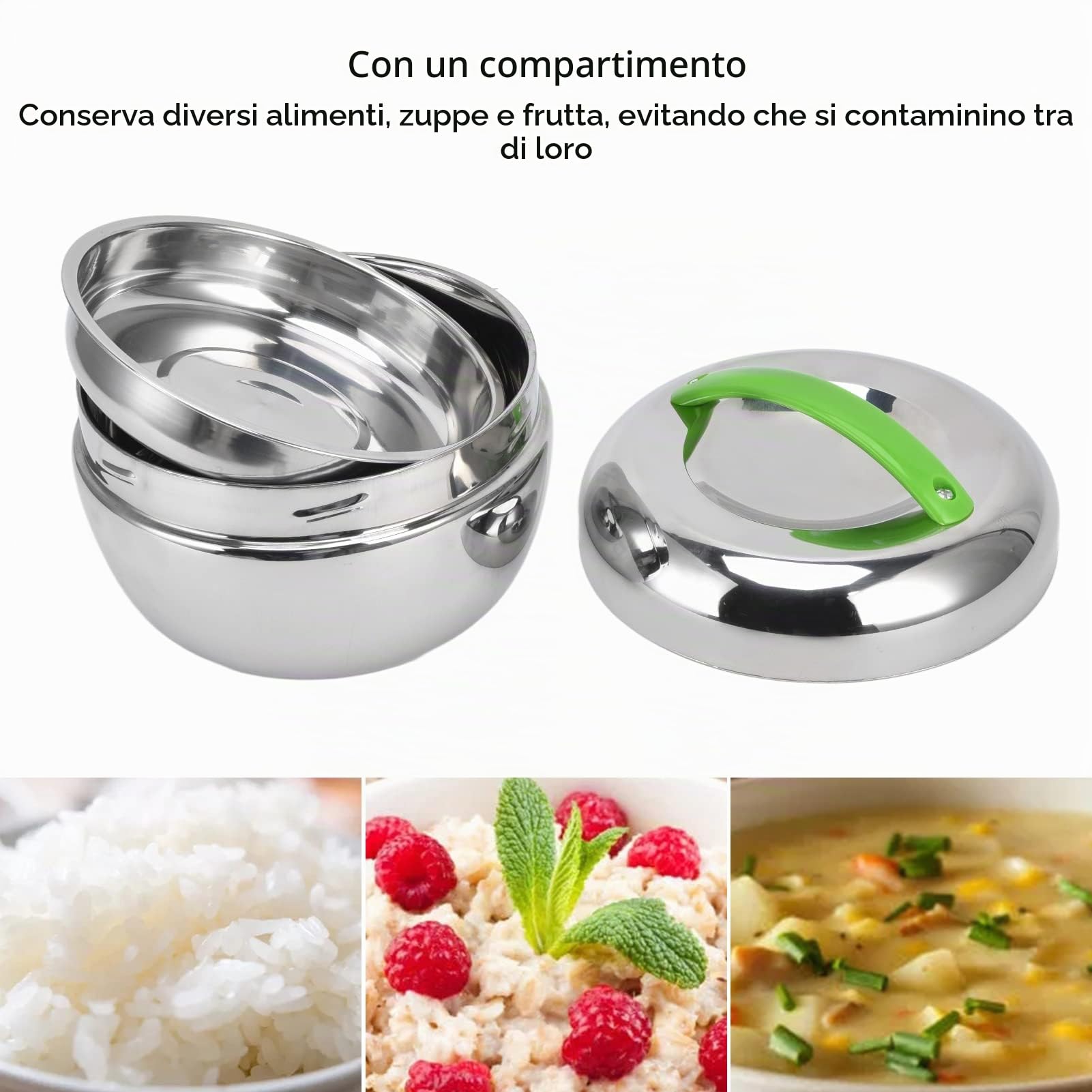 Porta Pranzo Lunch Box in Acciaio Inox, 1,3 L Box Ermetico con Maniglia, Portavivande Termico per Pranzi a Lavoro, Picnic, Ø 17 x 14 cm Argento