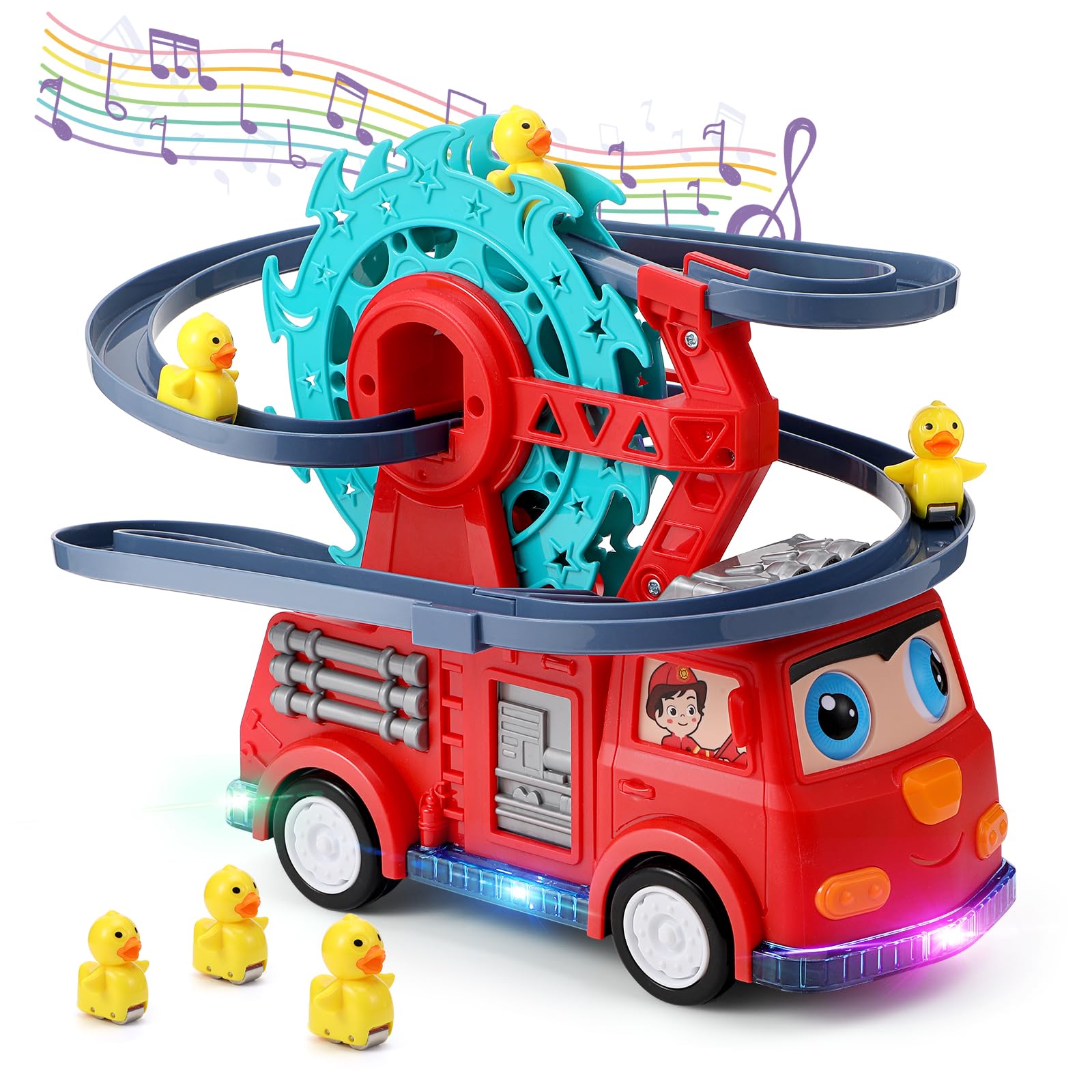 Holres Fire Truck, 4 in 1 Fire Truck Car Fire Truck Toy with Sound & Light Educational Car Toy for Children Boys Girls 3 4 5 6 Years Gift, ZH2-UK-0021