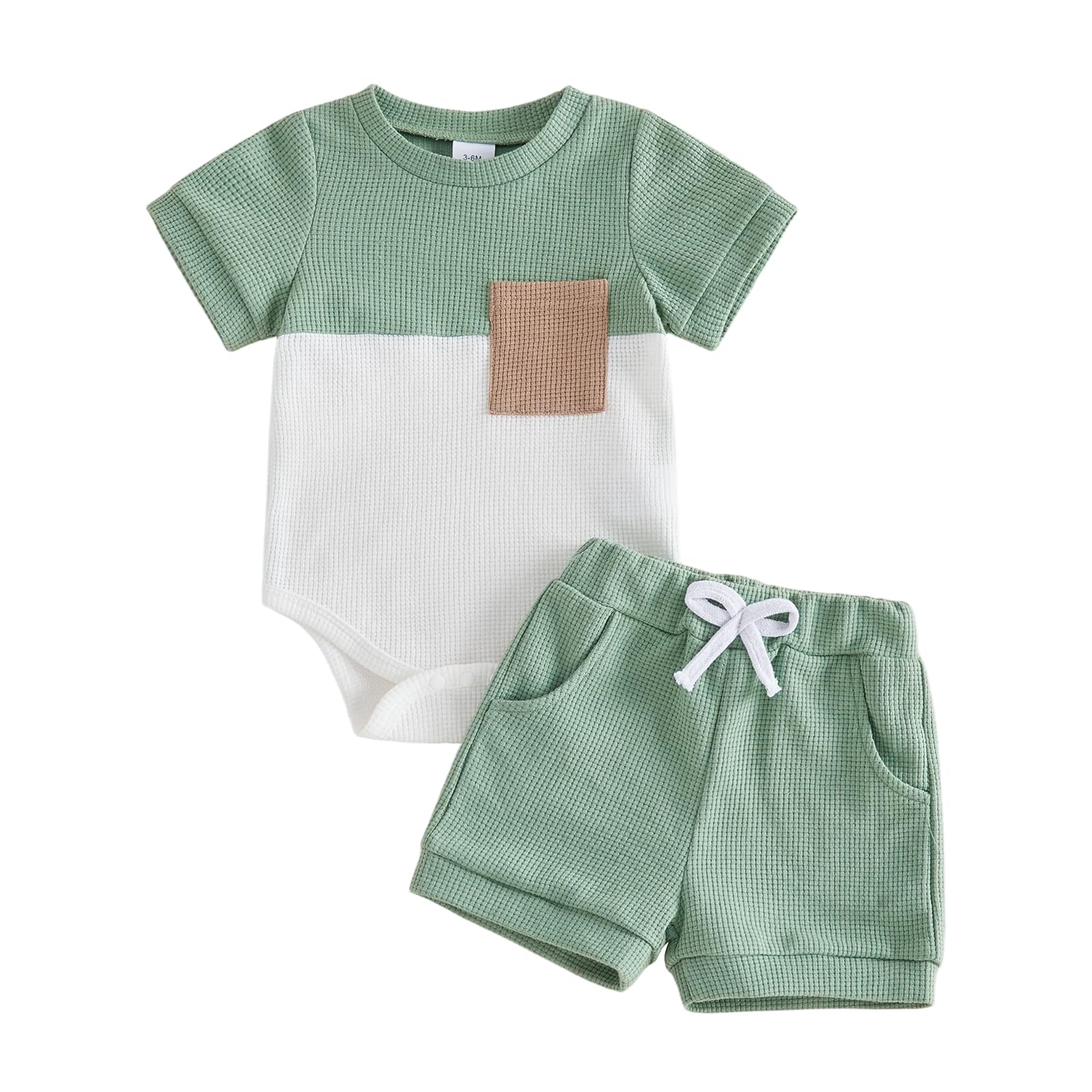 Newborn Baby Boy Summer Outfit Set Contrast Color Romper Tops With Elastic Waist Shorts Cute Infant Waffle Clothes