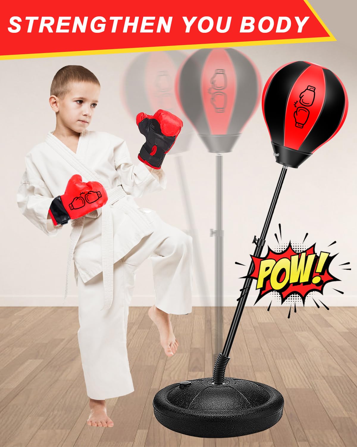 Punching Ball Enfants Set, Sac de Frappe autoportant à Hauteur réglable pour Les Enfants - avec Gants de Boxe, Ballon de Frappe et Pompe pour Les Garçons et Les Filles de Moins de 12 Ans