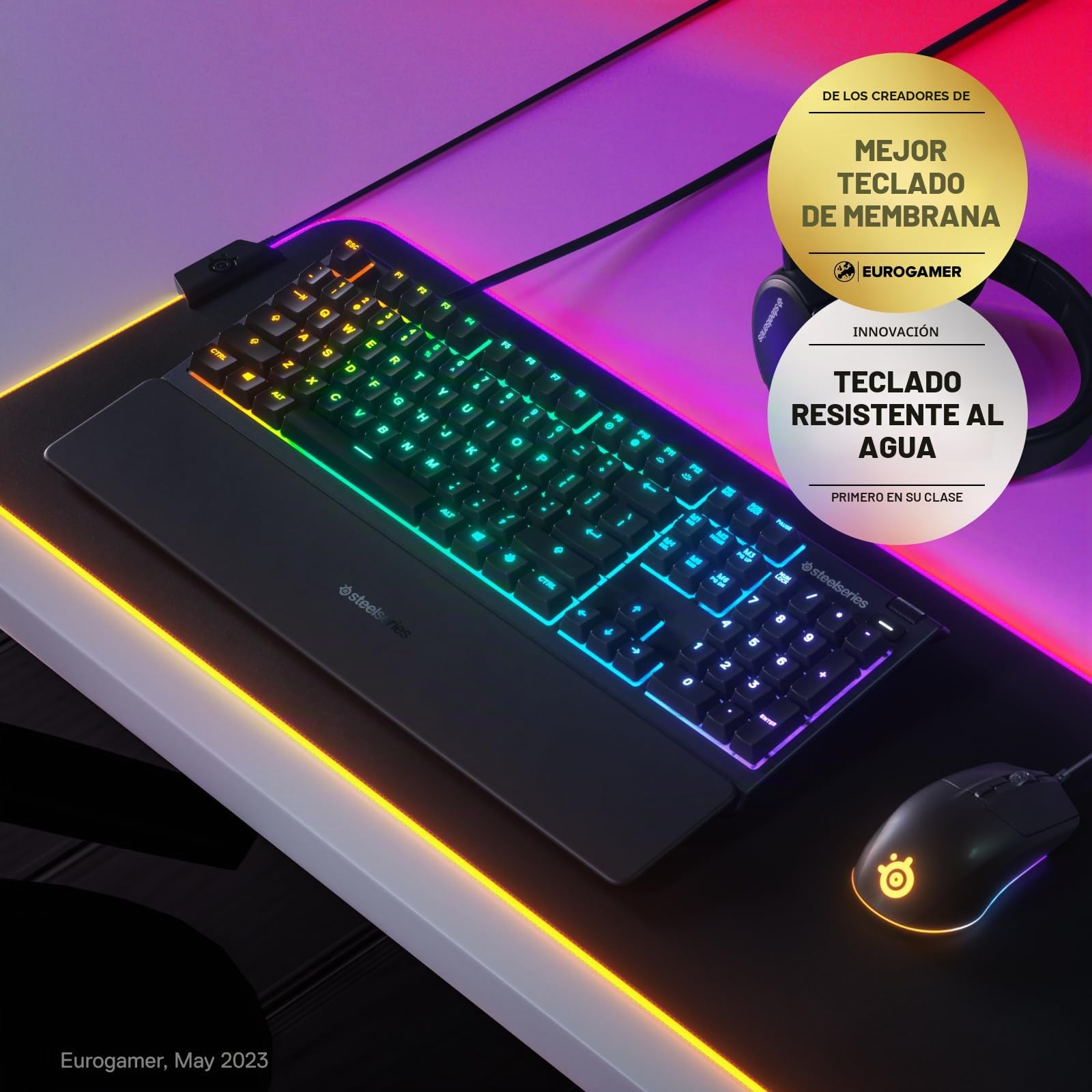 Steelseries Apex 3 RGB Gaming Keyboard - Iluminación RGB de 10 Zonas - IP32 Resistente al Agua - Reposamuñecas magnético Premium (Interruptor silencioso para Juego)