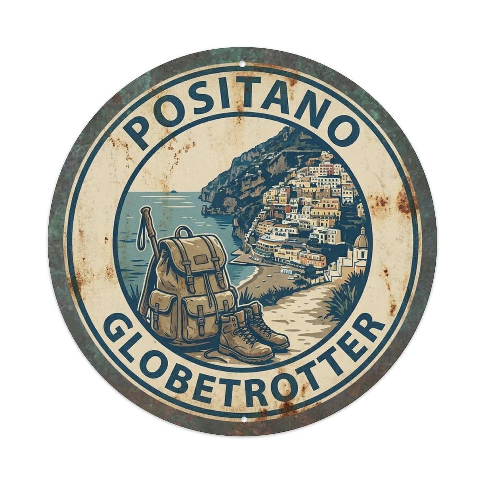 Medallion Amalfi Riviera Positano Retro Italian Coast Metal Tin Sign Plaque Wall Decor for Cafe, Man Cave, Club Bar, Office, Home Garden Round Metal Poster 8x8Inch