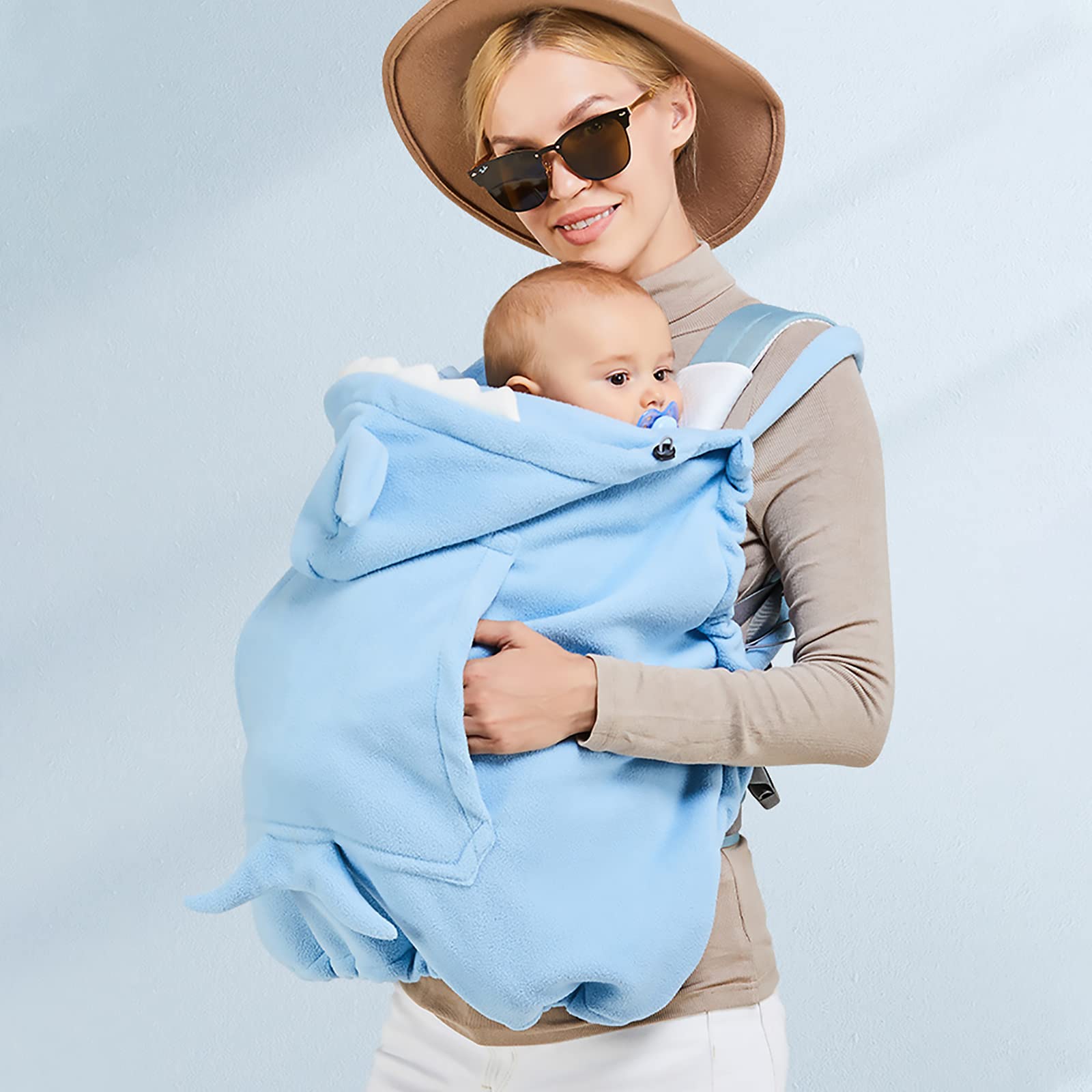 SONARIN Warmer Babytrage Bezug,Universal Winter Tragecover mit Kapuze Winddicht Tragetuchhüllen Fußsack Regenschutz Umhänge Bezug für Babytragen & Tragetücher(Blau)