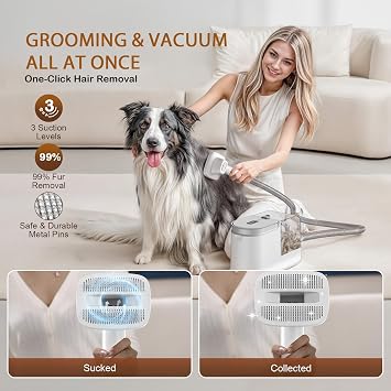 Dog Grooming Vacuum, Dog Grooming Kit, 3 Suction Modes Dog Brush Vacuum with 5 Pet Grooming Tools (Wheaten)