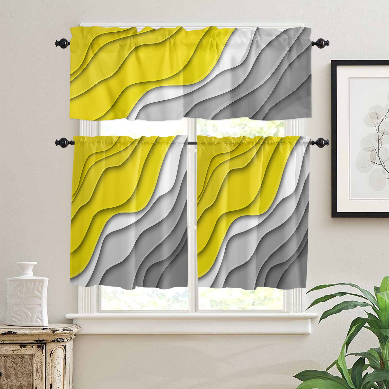 Modern Geometric Kitchen Curtain Valance and Tiers Set 3 Piece Short Window Treatment Rod Pocket Kitchen Modern Abstract Lines Ombre Yellow Grey Valance Set for Small Windows 54