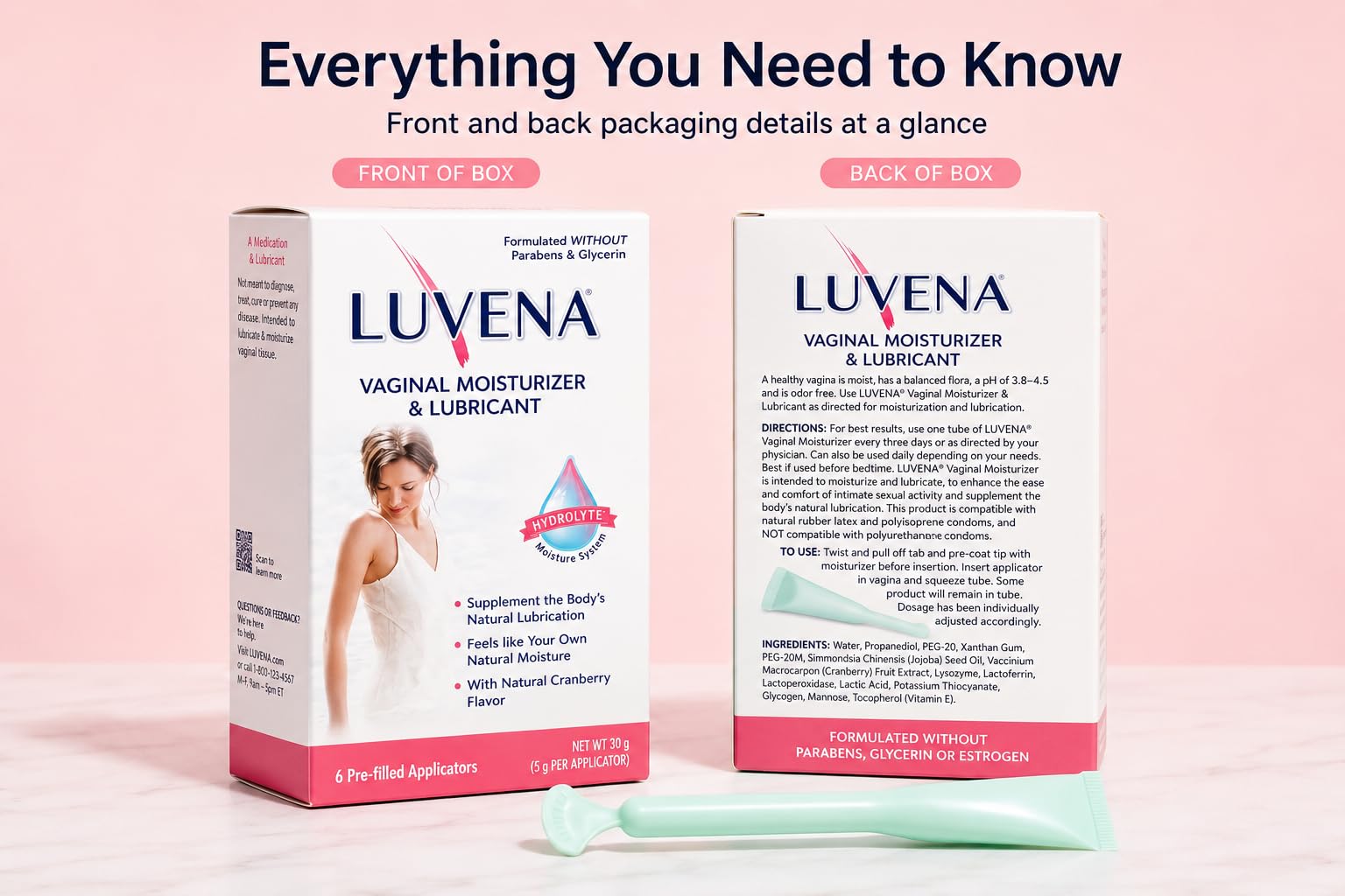 Amazon.com: LUVENA Vaginal Moisturizer & Lubricant for Women - Menopause  Relief & Vaginal Dryness Support - Hormone Free, No Parabens, No Estrogen -  Pre-Filled Applicators, pH Balanced, Water-Based