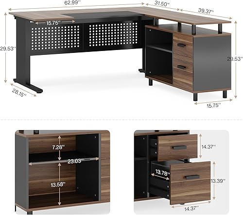 Miniatura 3 de LITTLE TREE Escritorio grande para computadora con archivador, escritorio ejecutivo en forma de L de 63 pulgadas con cajones y estantes de