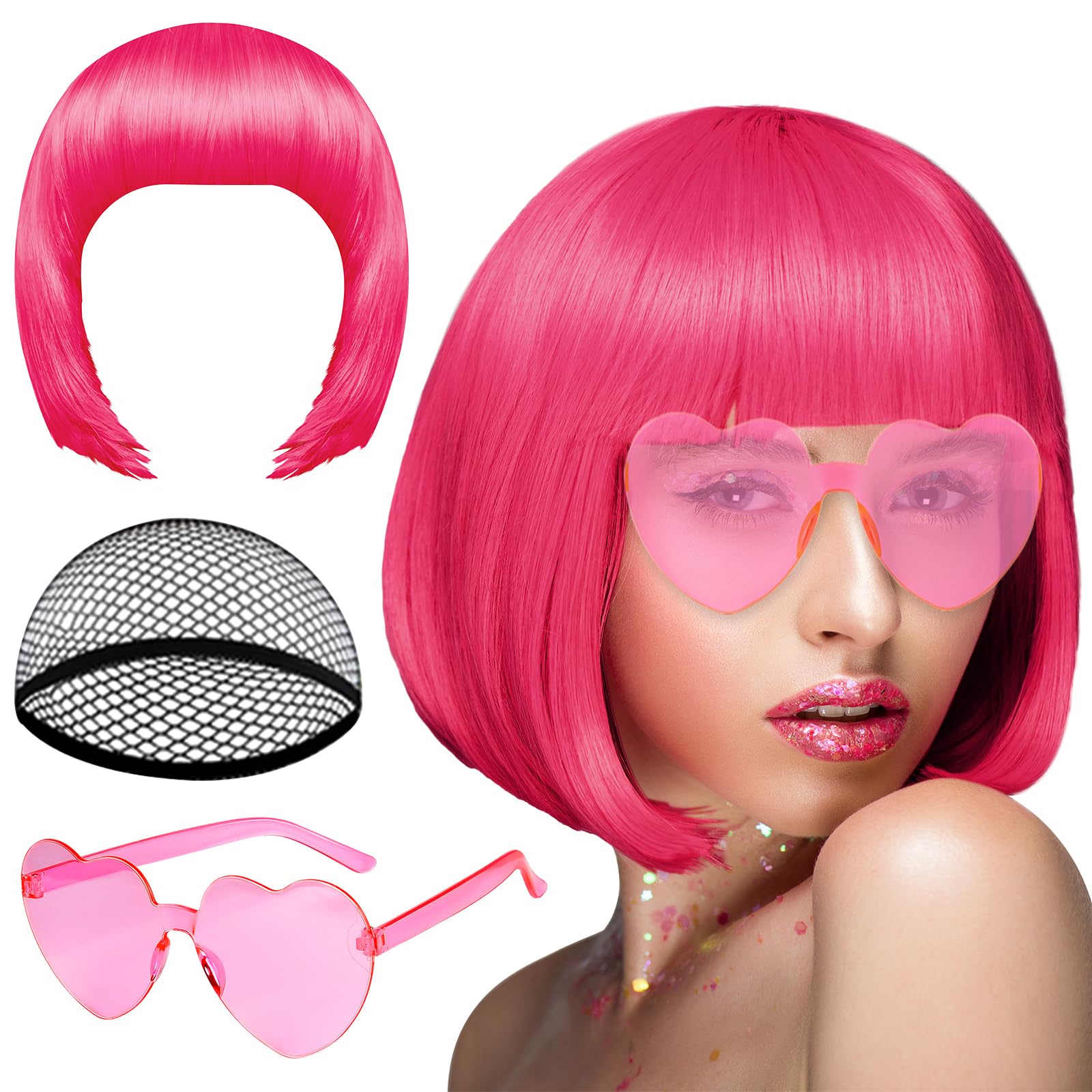 Photo 1 of PLULON Peach Pink Bob Wig and Sunglass Set, Neon Short Bob Wig Sunglass Pack Costume Colorful Cosplay Wig Hairpieces for Bachelorette Neon Party Favors, Halloween Decorations