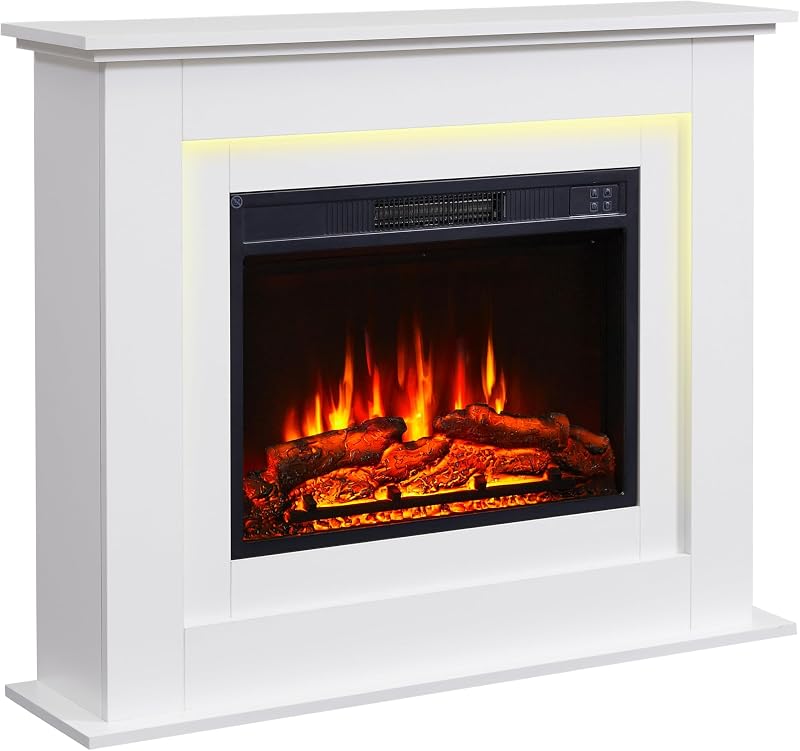 BALDERIA Cheminée électrique Finn - Cheminée au Sol avec Chauffage 2000 W, Effet de Flamme 3D réaliste, éclairage d’Ambiance, télécommande, minuterie, Thermostat - Blanc
