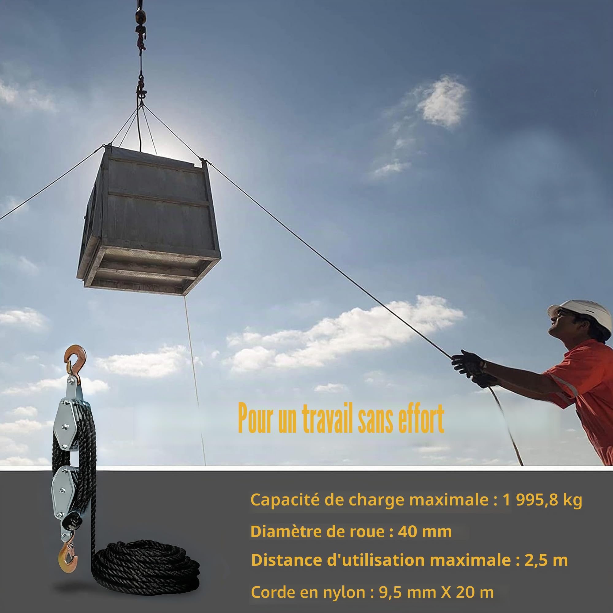 Palan économiseur de travail avec frein à corde : 2000 kg max et force de levage 8:1, palan avec corde et crochet pour garages et chantiers industriels, Noir